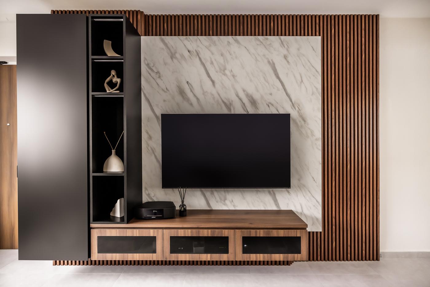 Modern Living Room with Homogeneous Tiles and TV Console