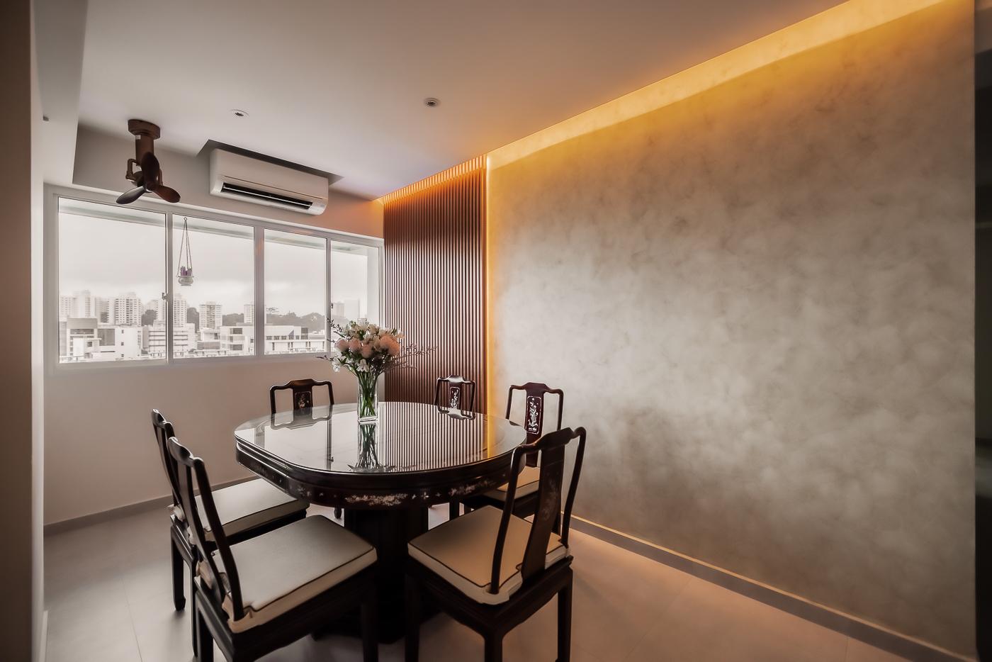 Modern Dining Room with Herringbone Tiling and Drop Light