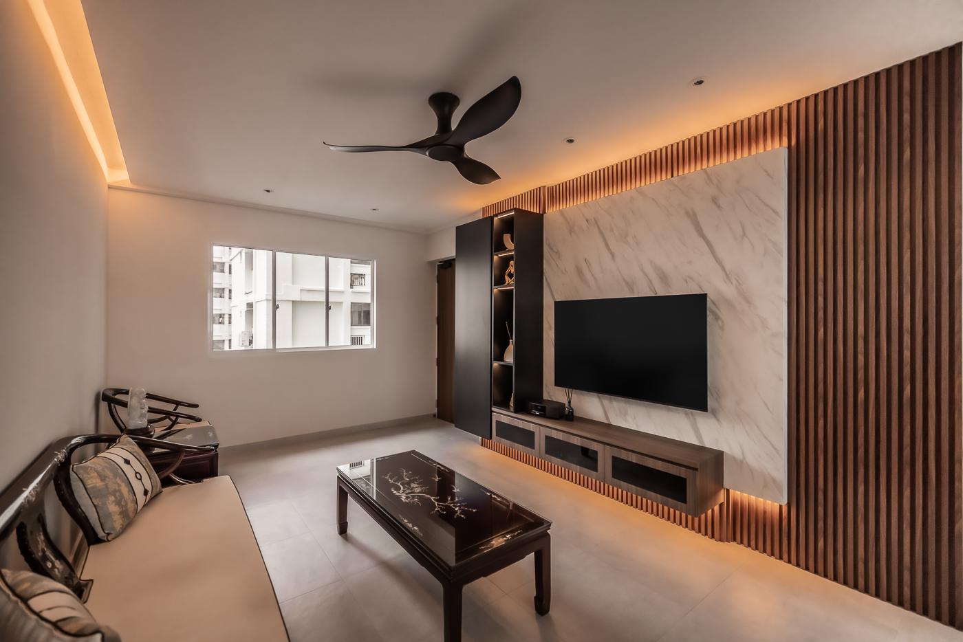 Modern Living Room with Homogeneous Tiles and Herringbone Tiling