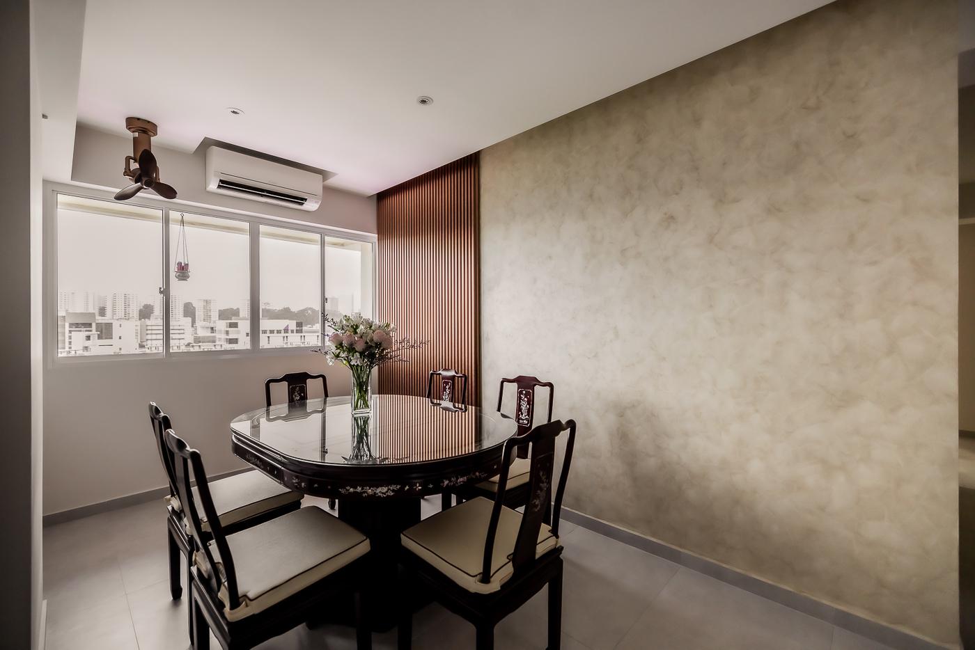 Modern Dining Room with Homogeneous Tiles and Downlights