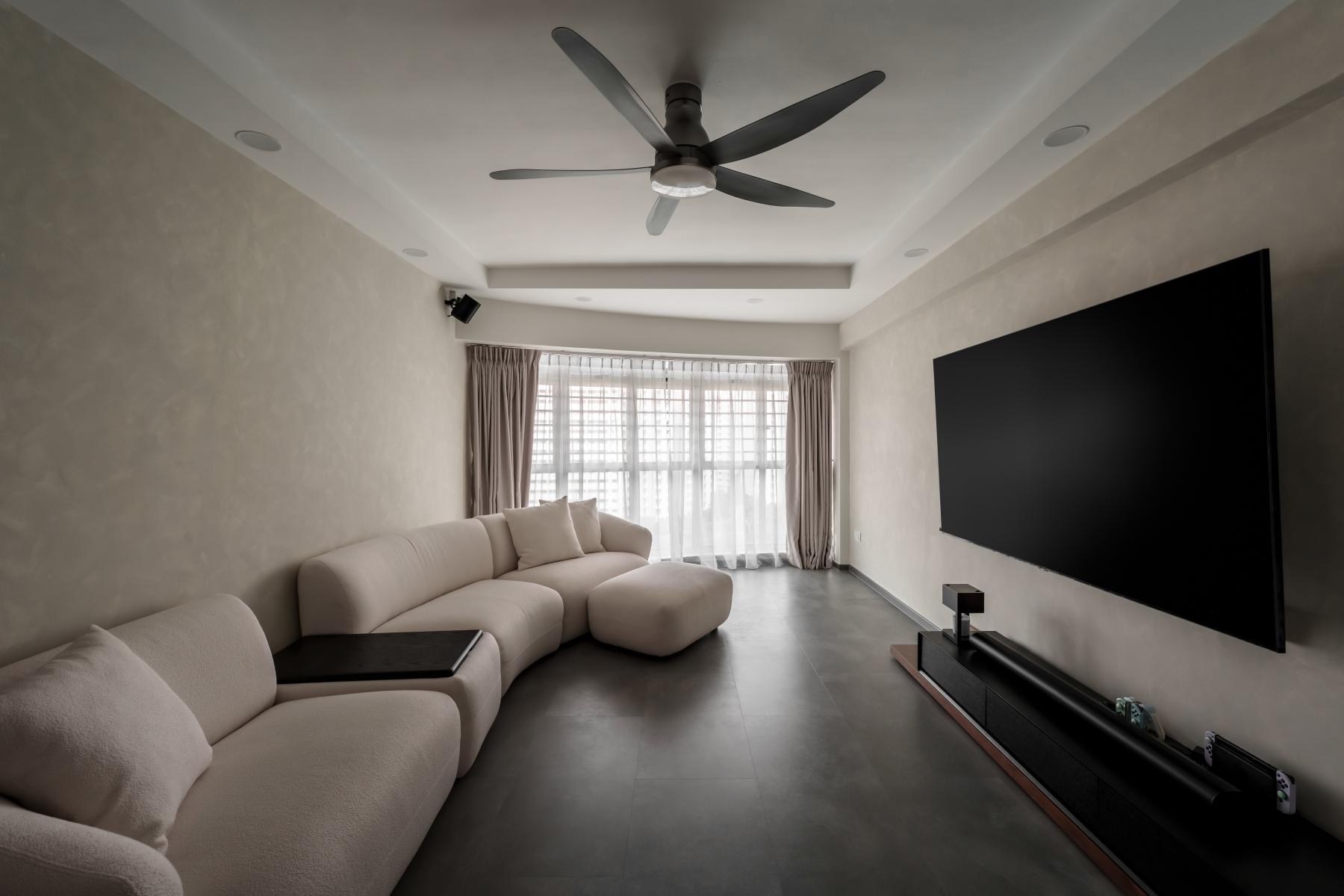 Contemporary Living Room with Homogeneous Tiles and TV Console