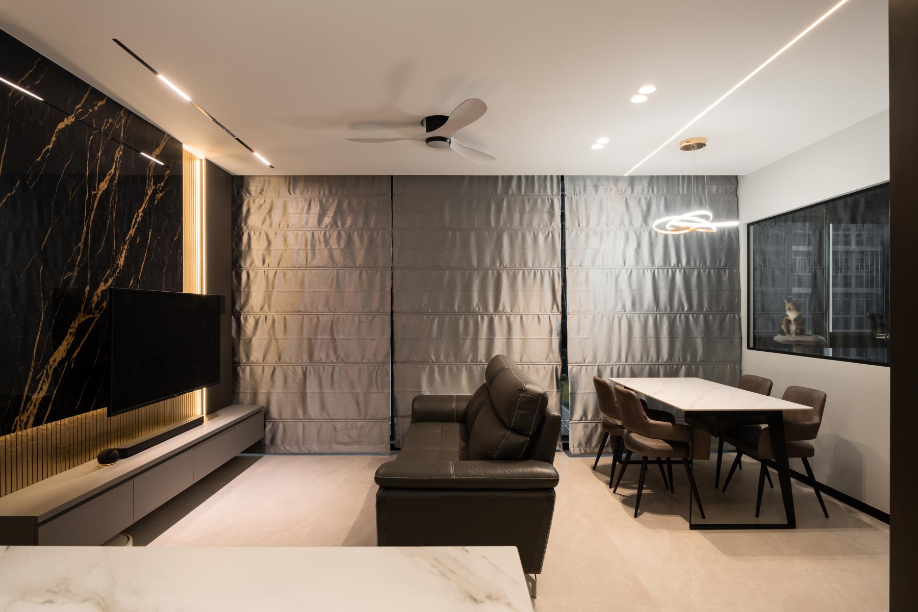 Modern Living Room with Homogeneous Tiles and TV Console