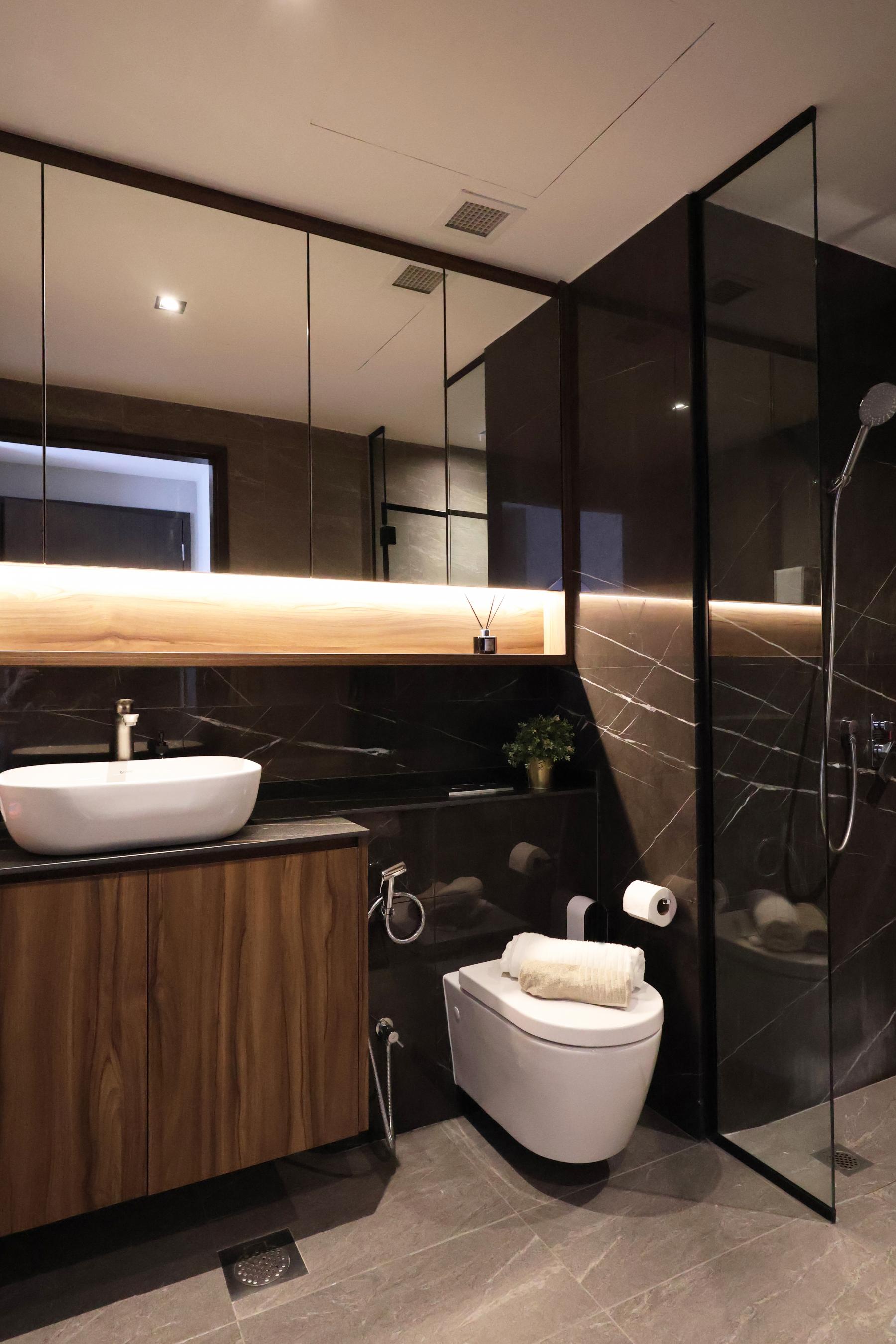 Contemporary Bathroom with Showers and Wash Basins