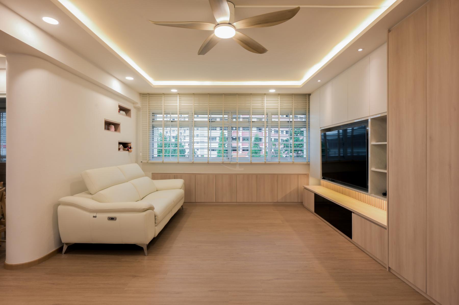 Modern Living Room with Bookshelf and Vinyl Flooring
