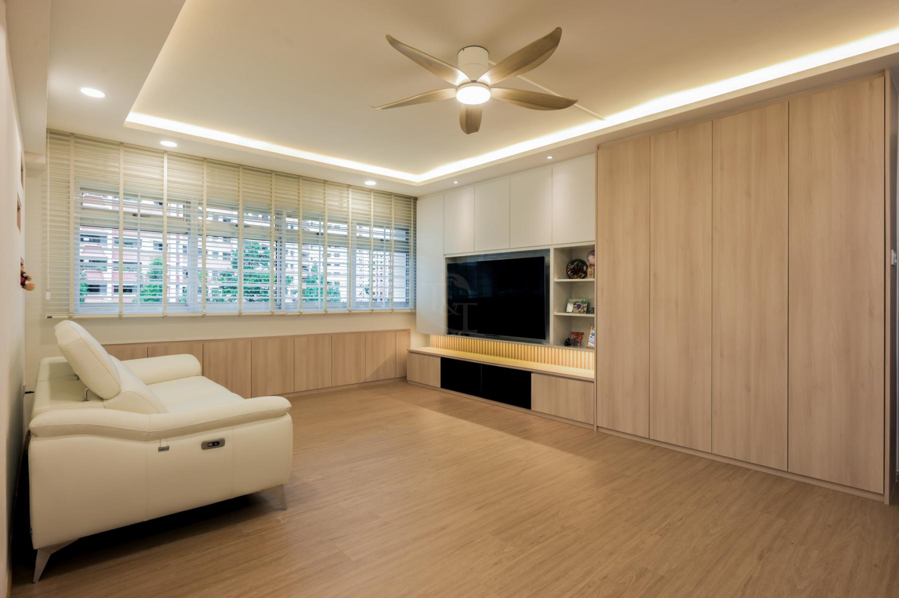 Modern Living Room with Bookshelf and Vinyl Flooring