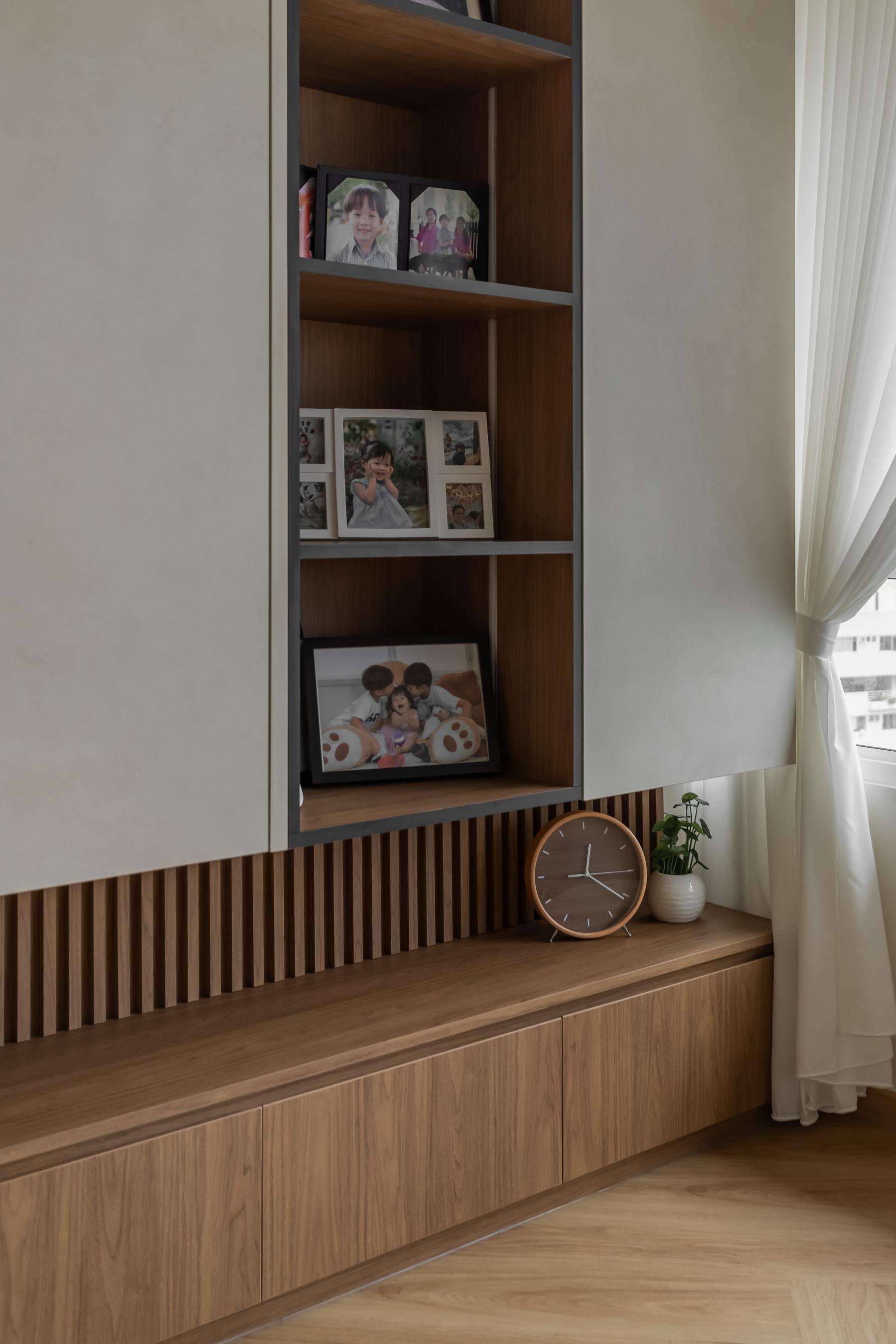 Contemporary Living Room with Bookshelf and TV Console