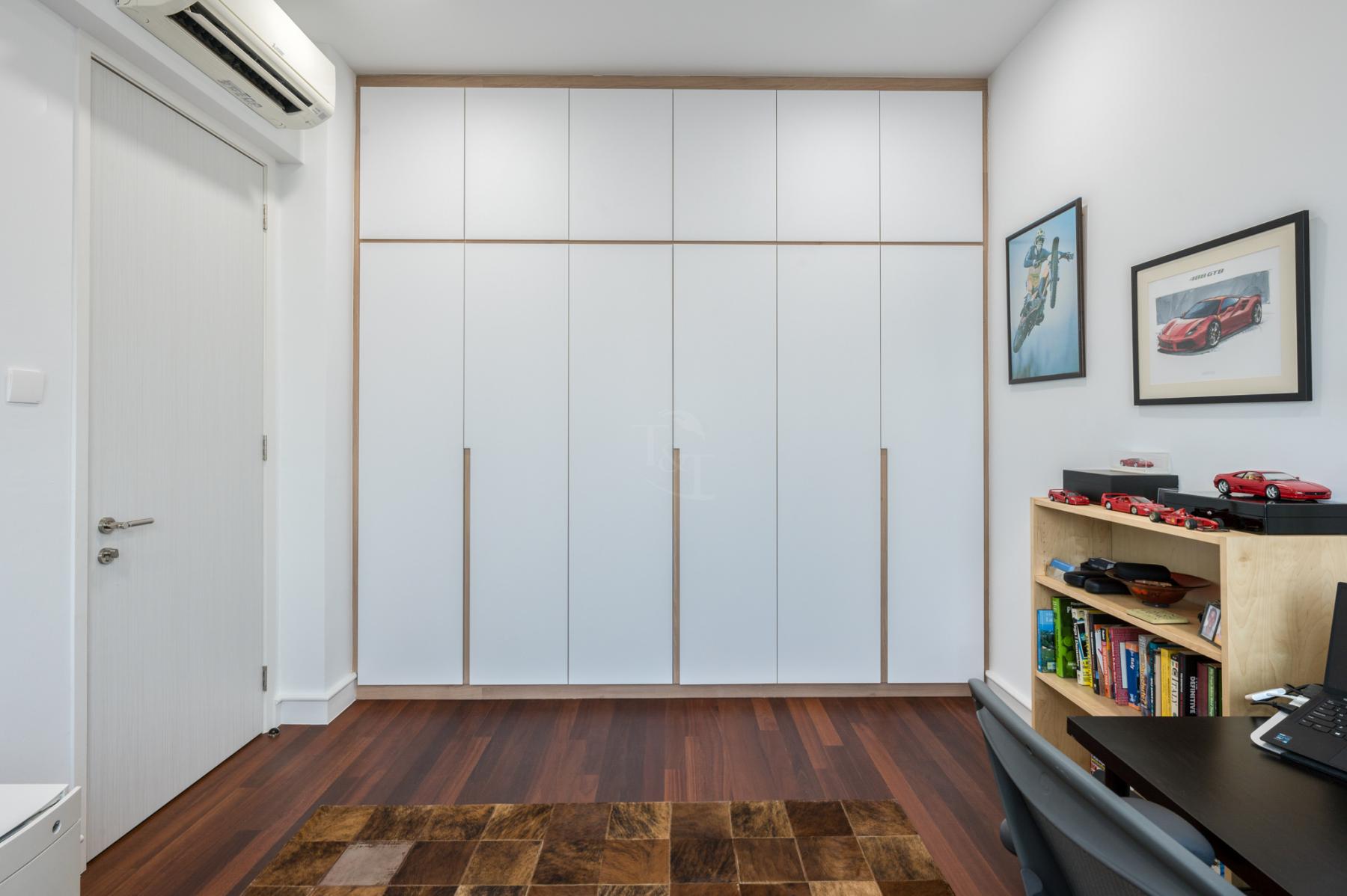 Modern Home Office with Bookshelf and Wallpaper