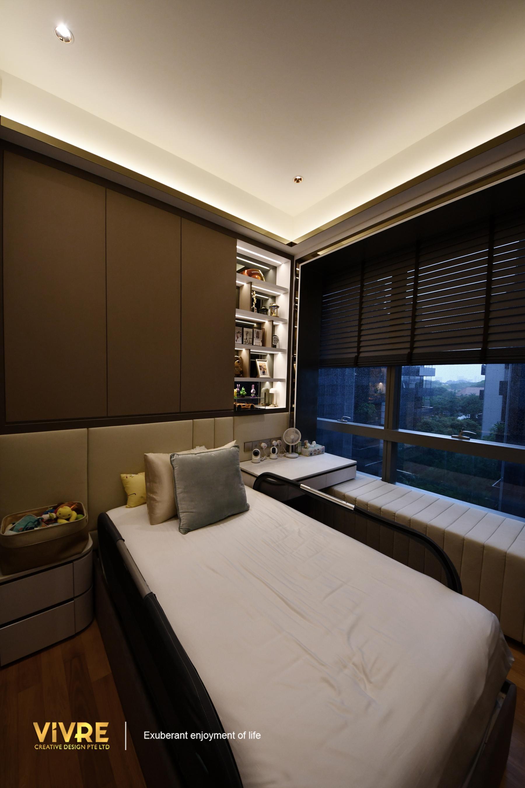 Modern Bedroom with Marble Floor and Drop Light
