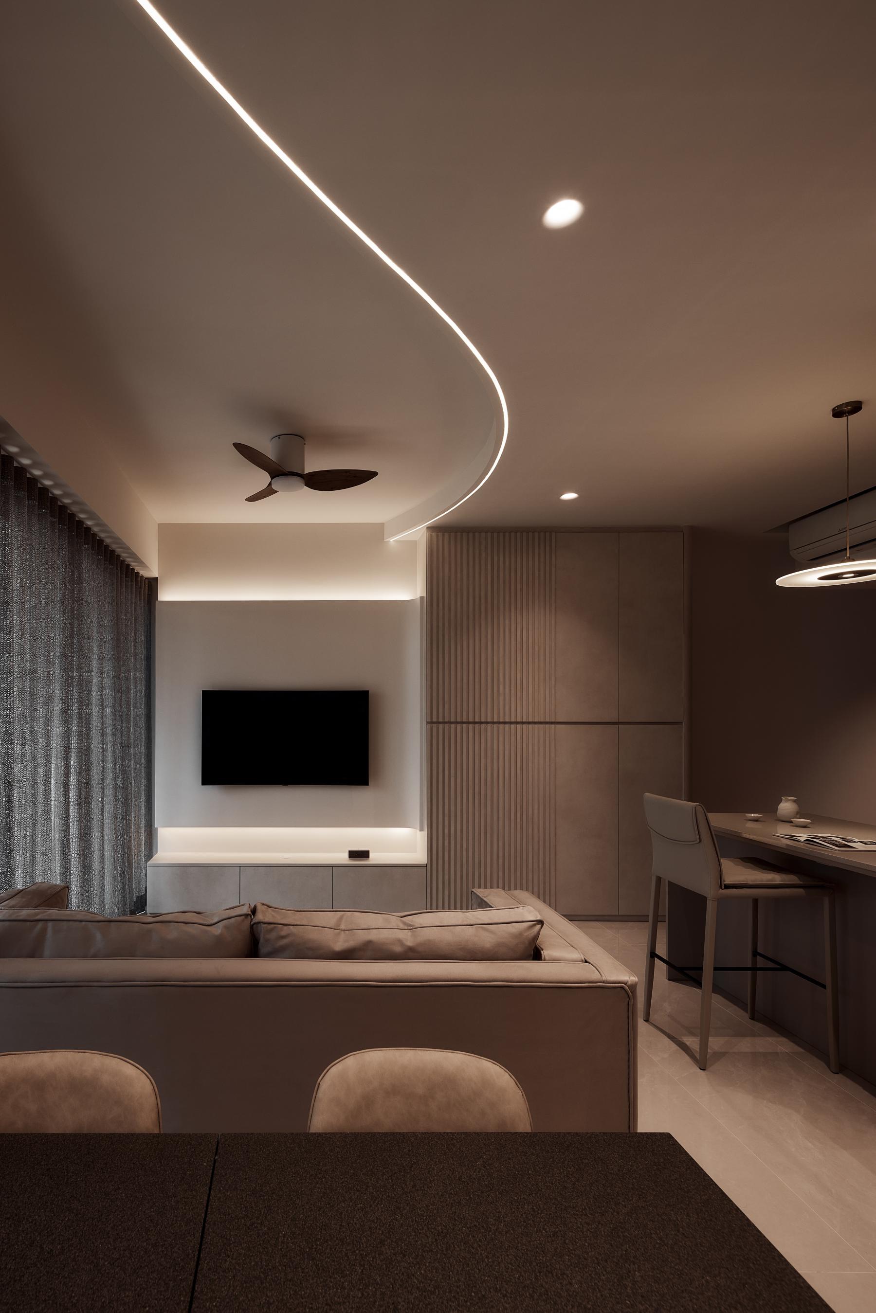 Minimalist Living Room with Homogeneous Tiles and TV Console