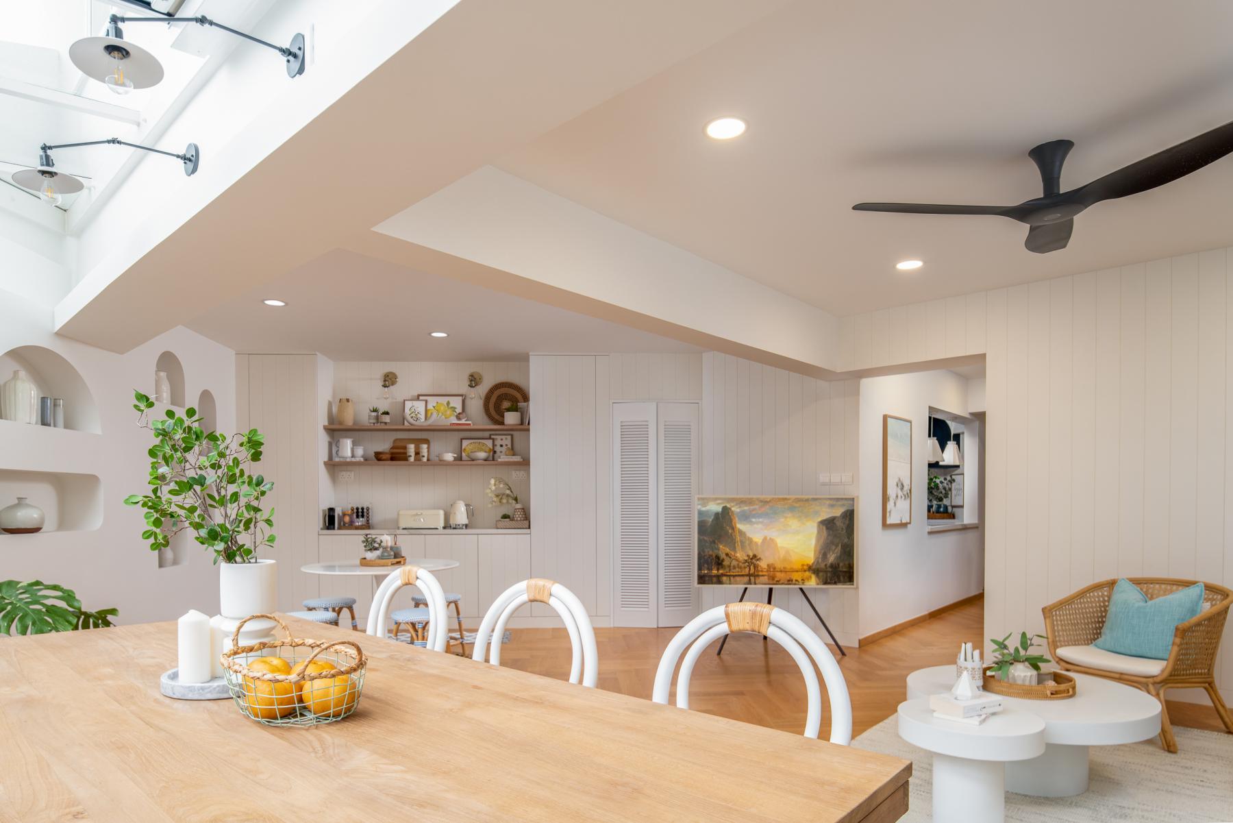 Transitional Dining Room with Drop Ceiling and Downlights