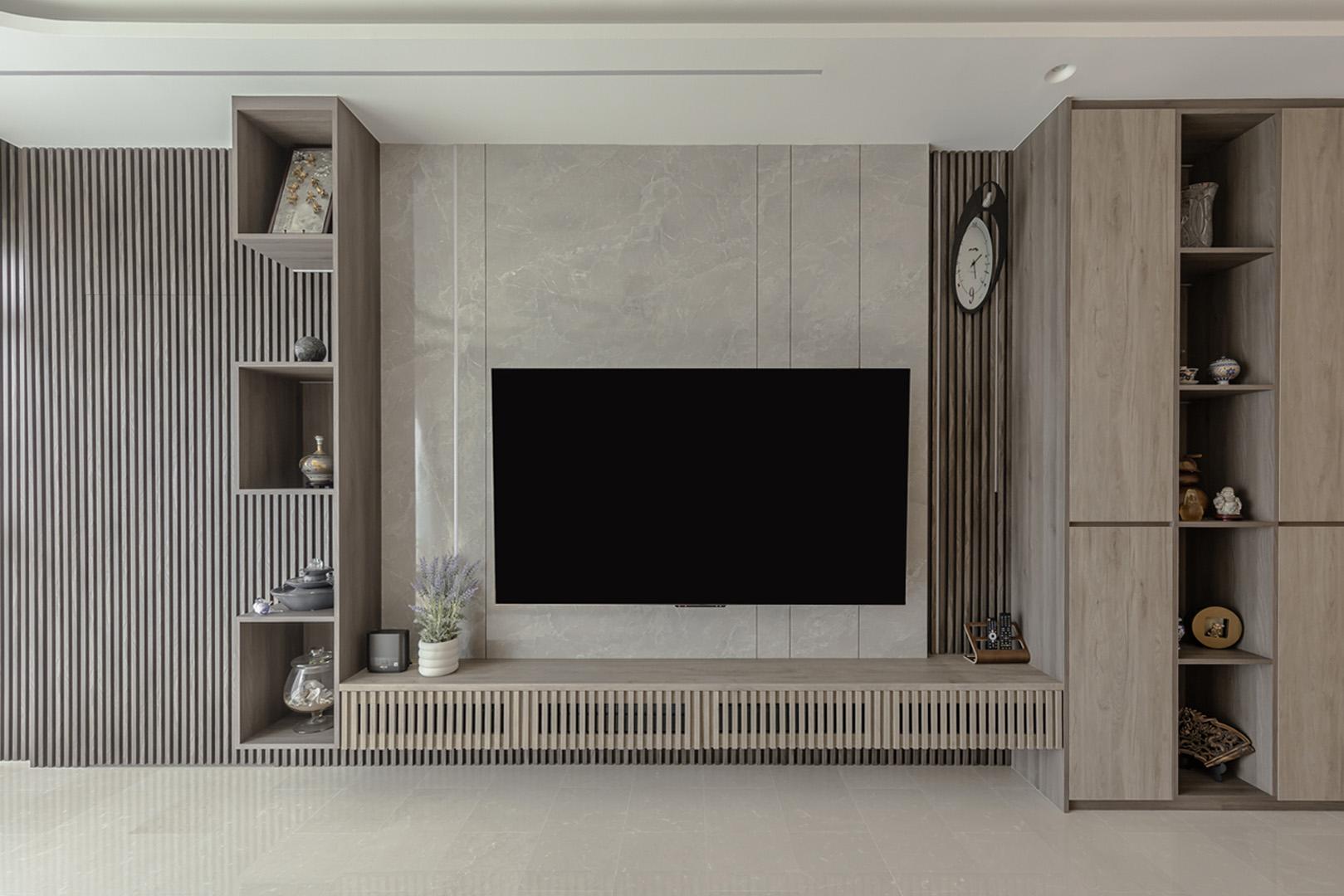 Contemporary Living Room with TV Console and Feature Wall