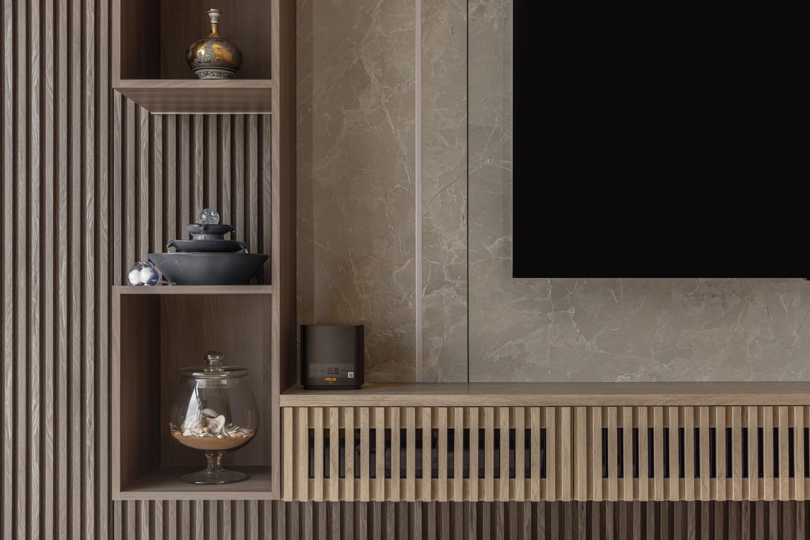 Contemporary Living Room with TV Console and Feature Wall