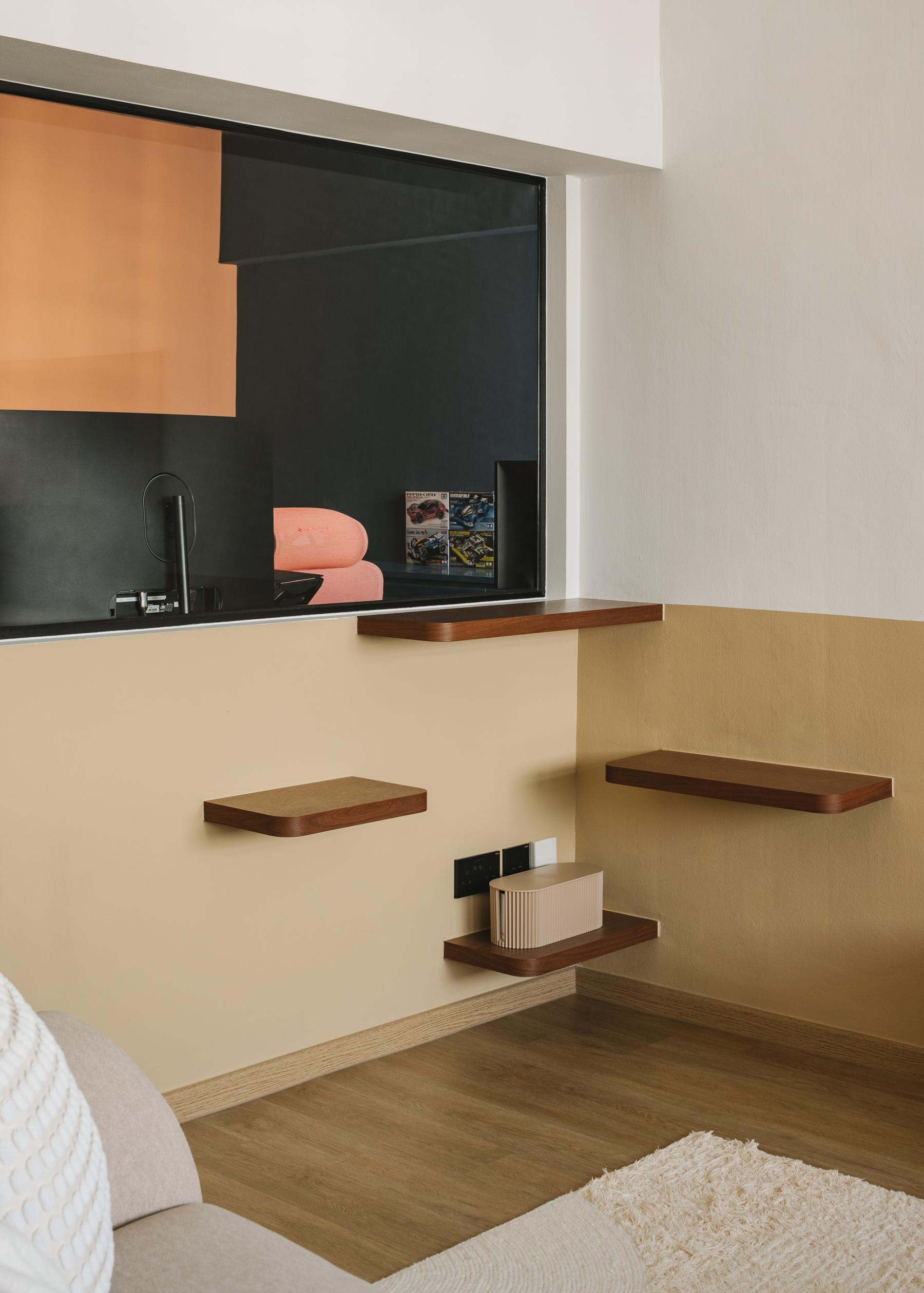 Scandinavian Living Room with Feature Wall and Wall Shelves
