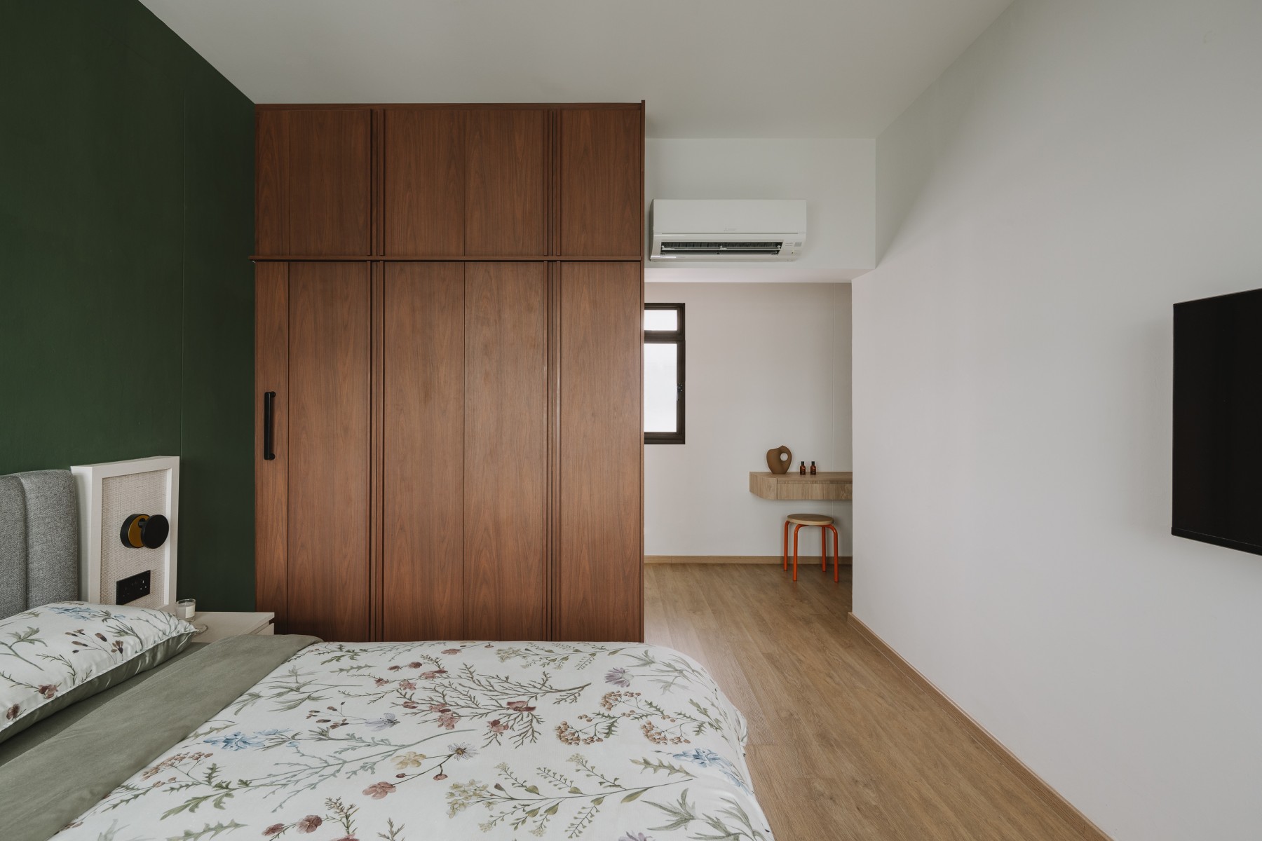 Scandinavian Bedroom with Wood Flooring and Wardrobe