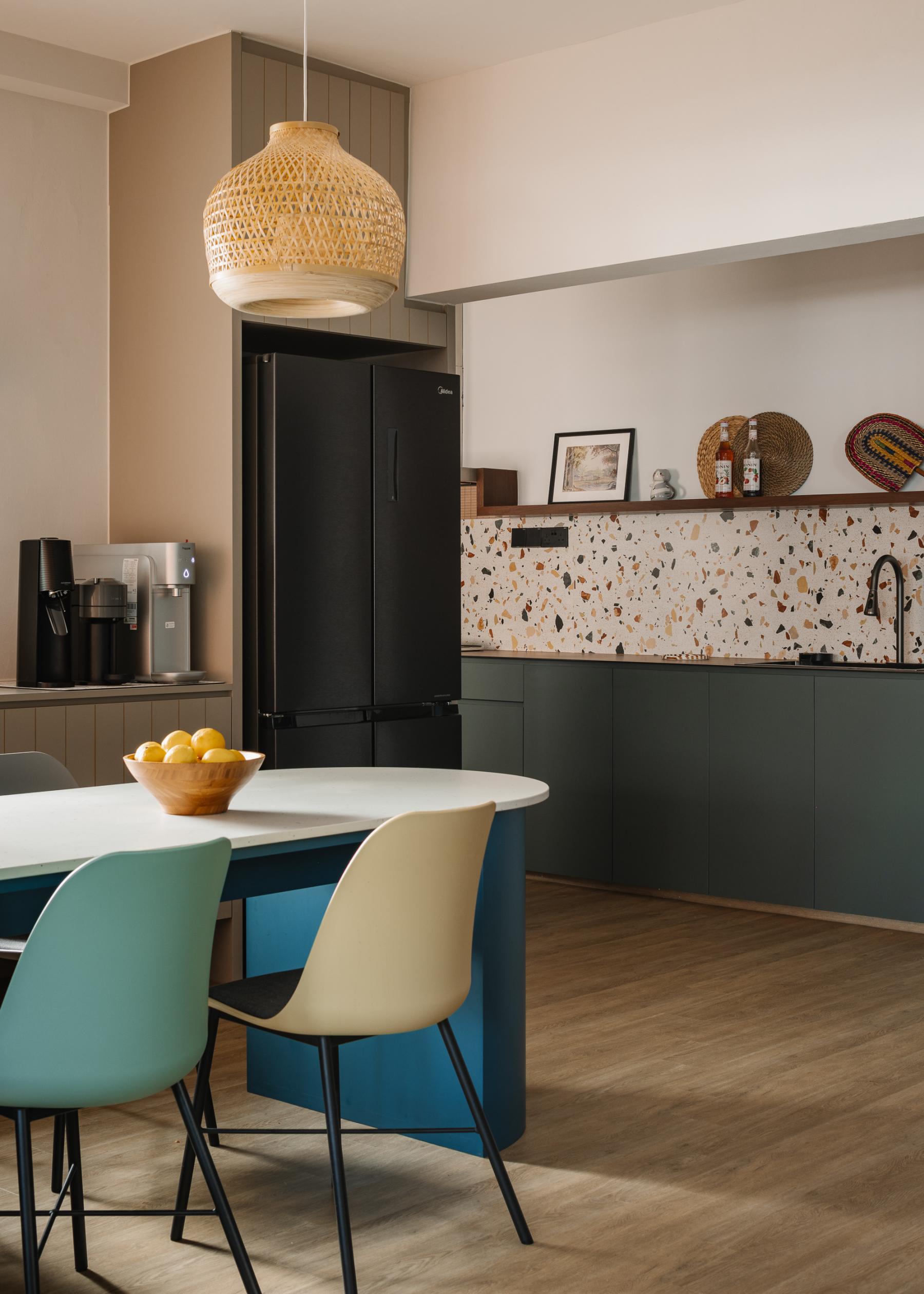 Scandinavian Kitchen with Wood Flooring and Drop Light