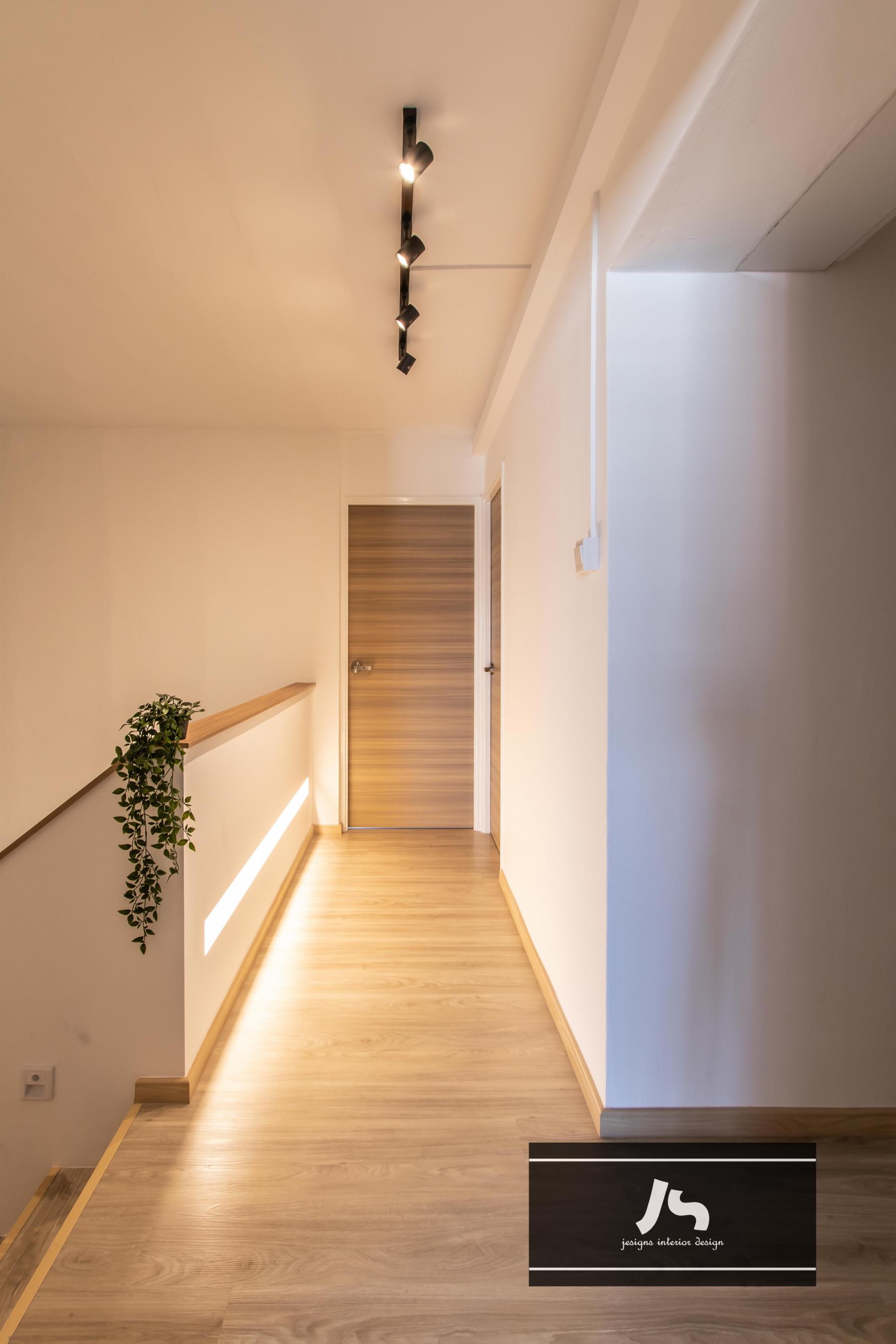 Scandinavian Hallway with Staircase and Downlights