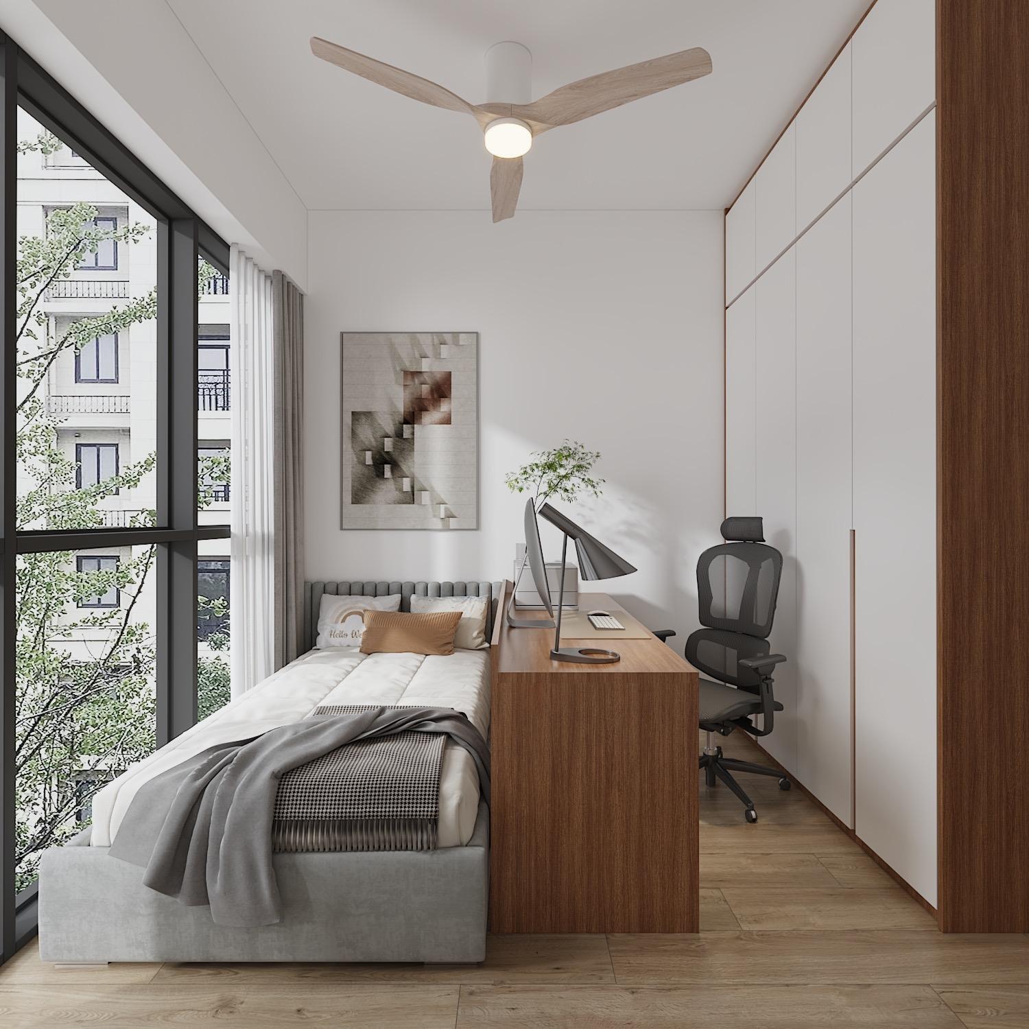 Contemporary Bedroom with Bookshelf and Vinyl Flooring