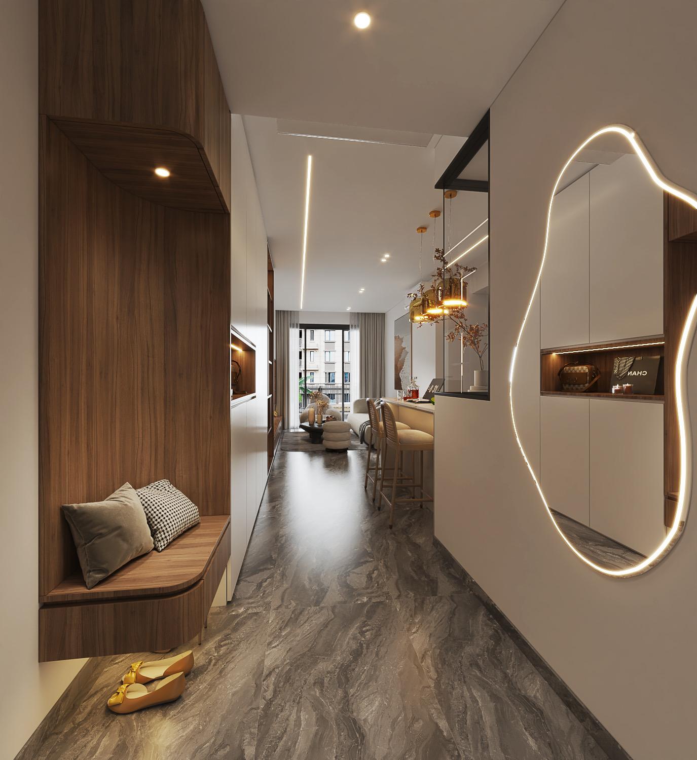 Contemporary Entryway with Mirror and Seating Bench