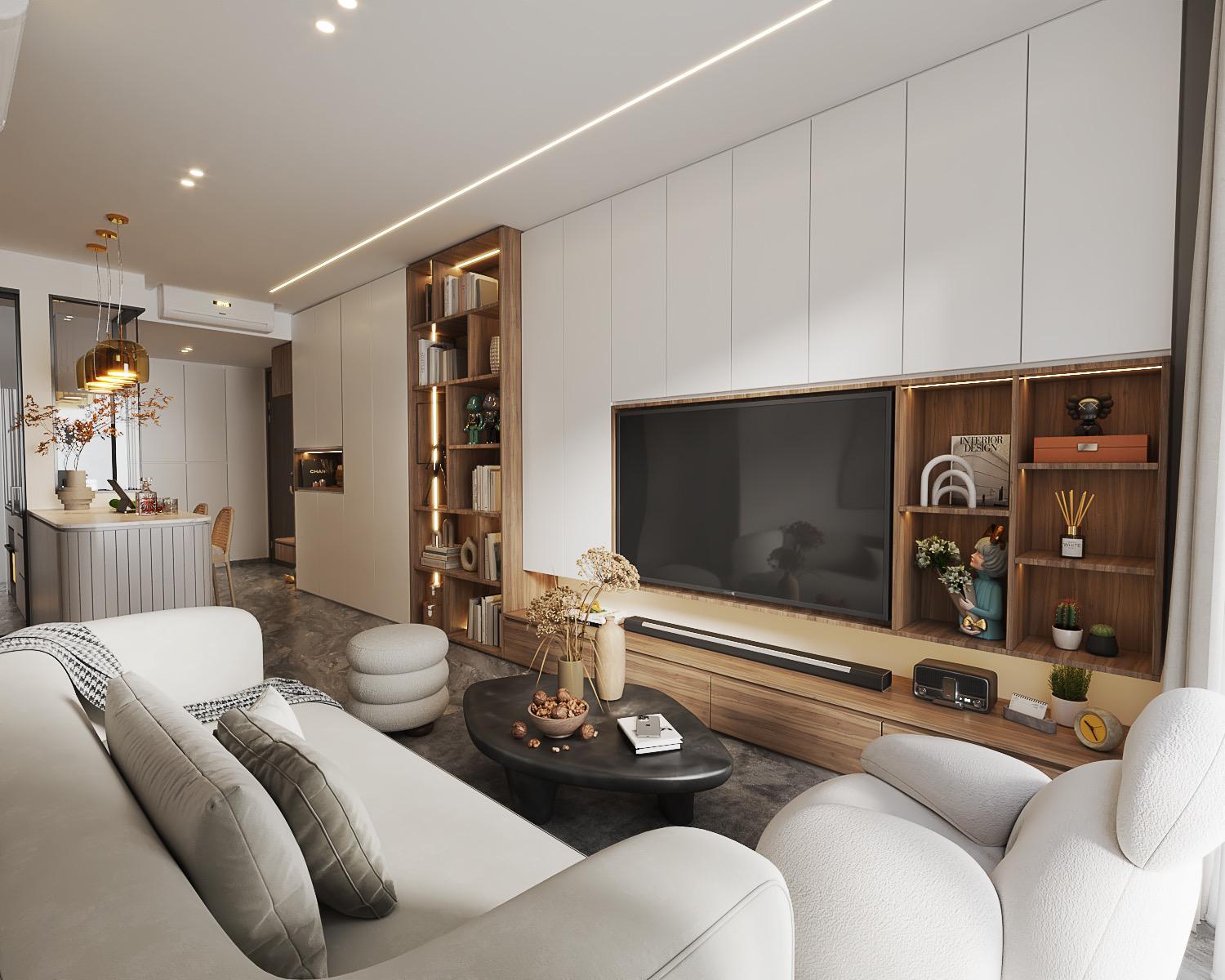 Contemporary Living Room with Bookshelf and TV Console