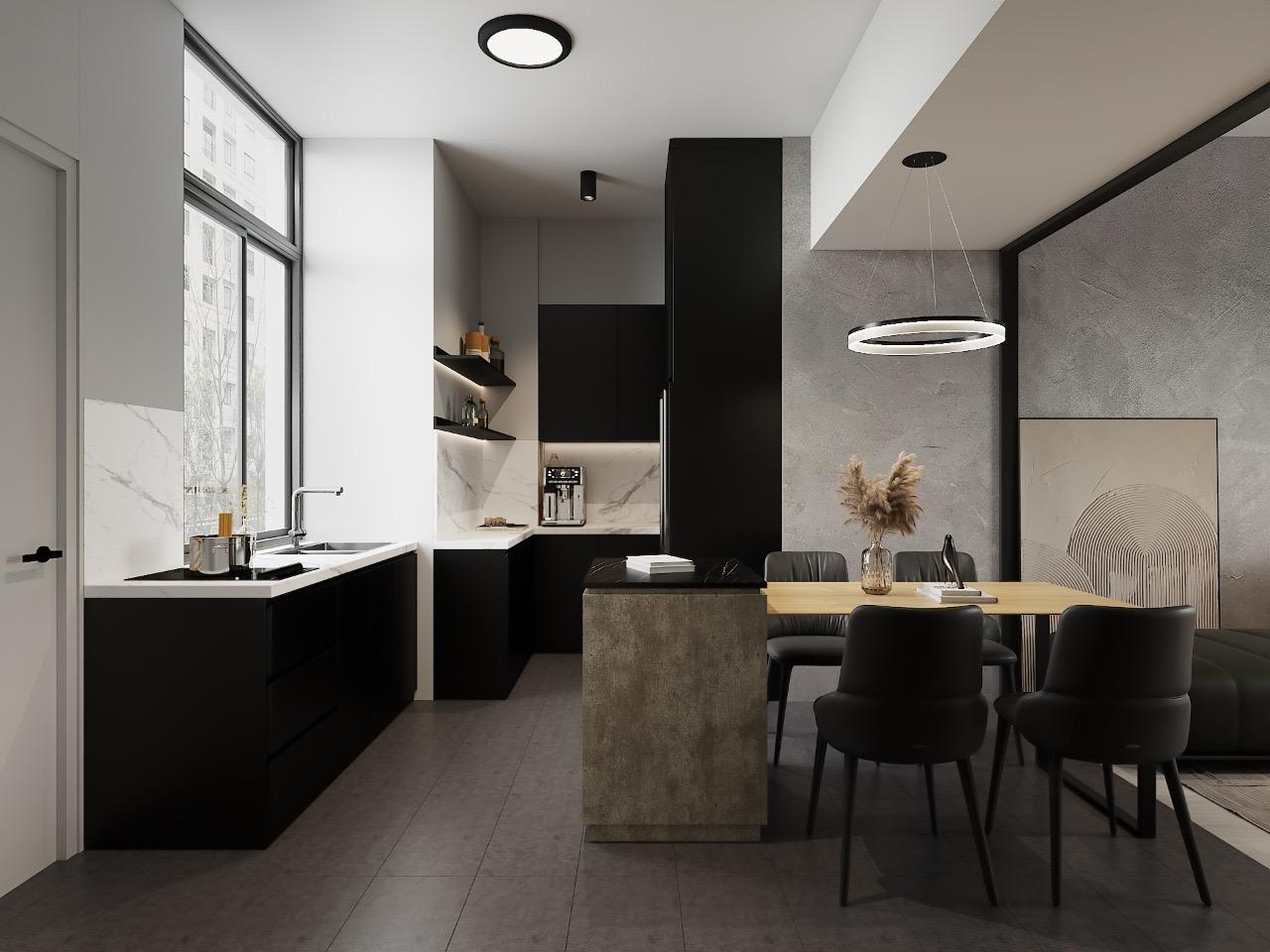 Industrial Kitchen with Countertop and Homogeneous Tiles
