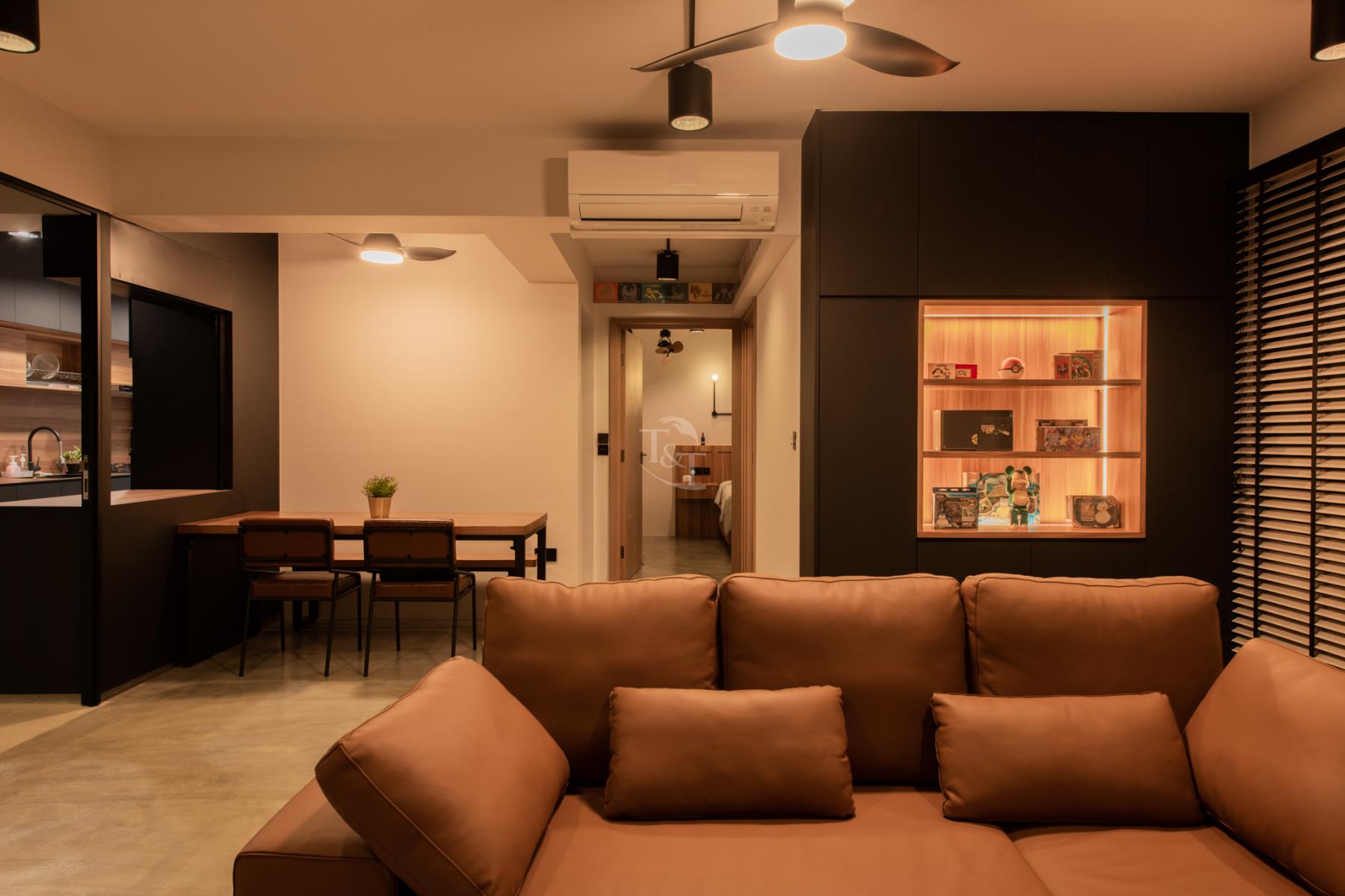 Contemporary Living Room with Bookshelf and Cement Floor