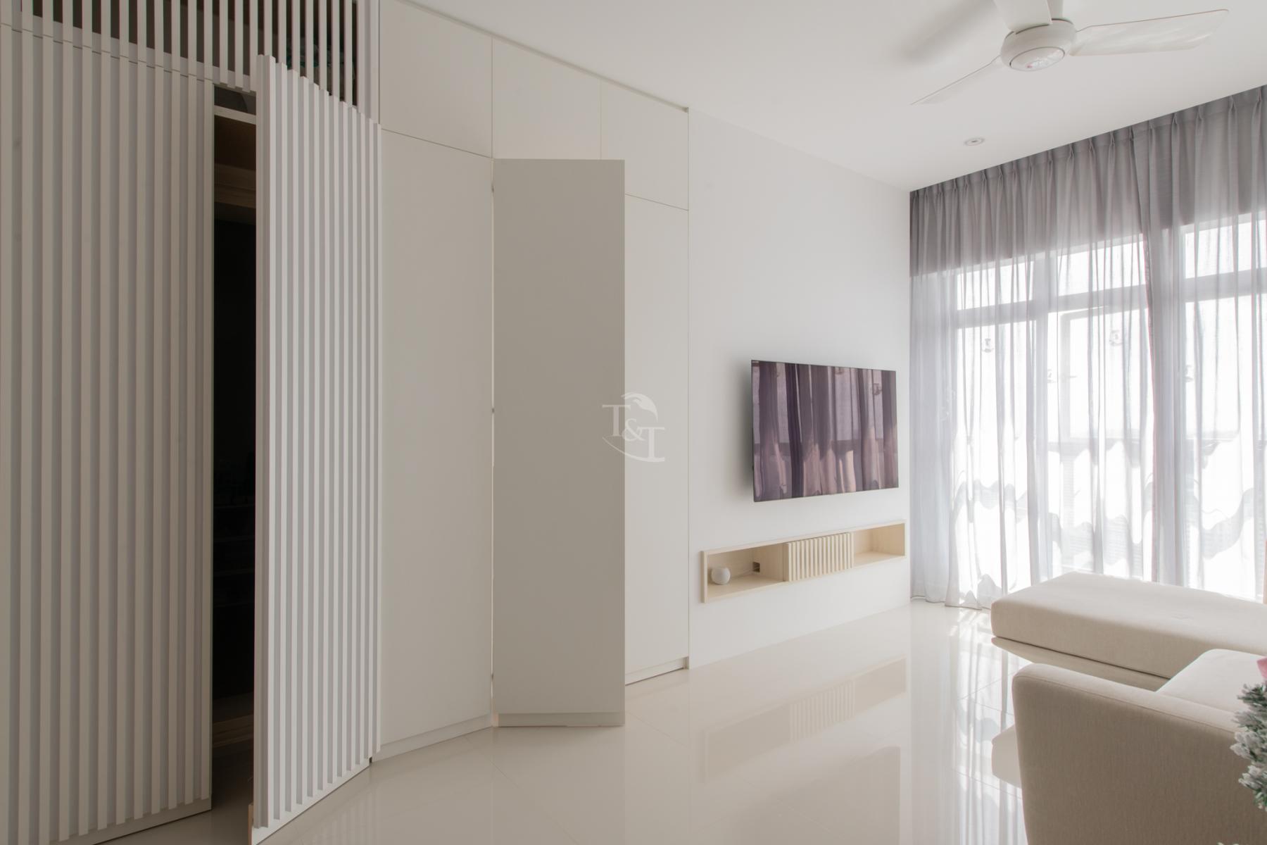 Minimalist Living Room with Homogeneous Tiles and TV Console