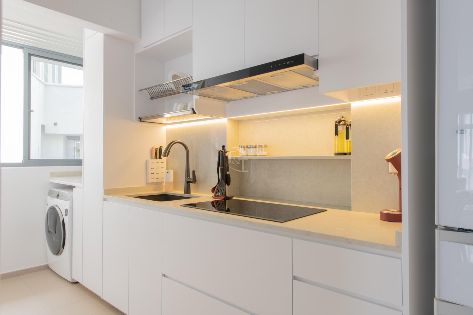 Minimalist Kitchen with Countertop and Herringbone Tiling