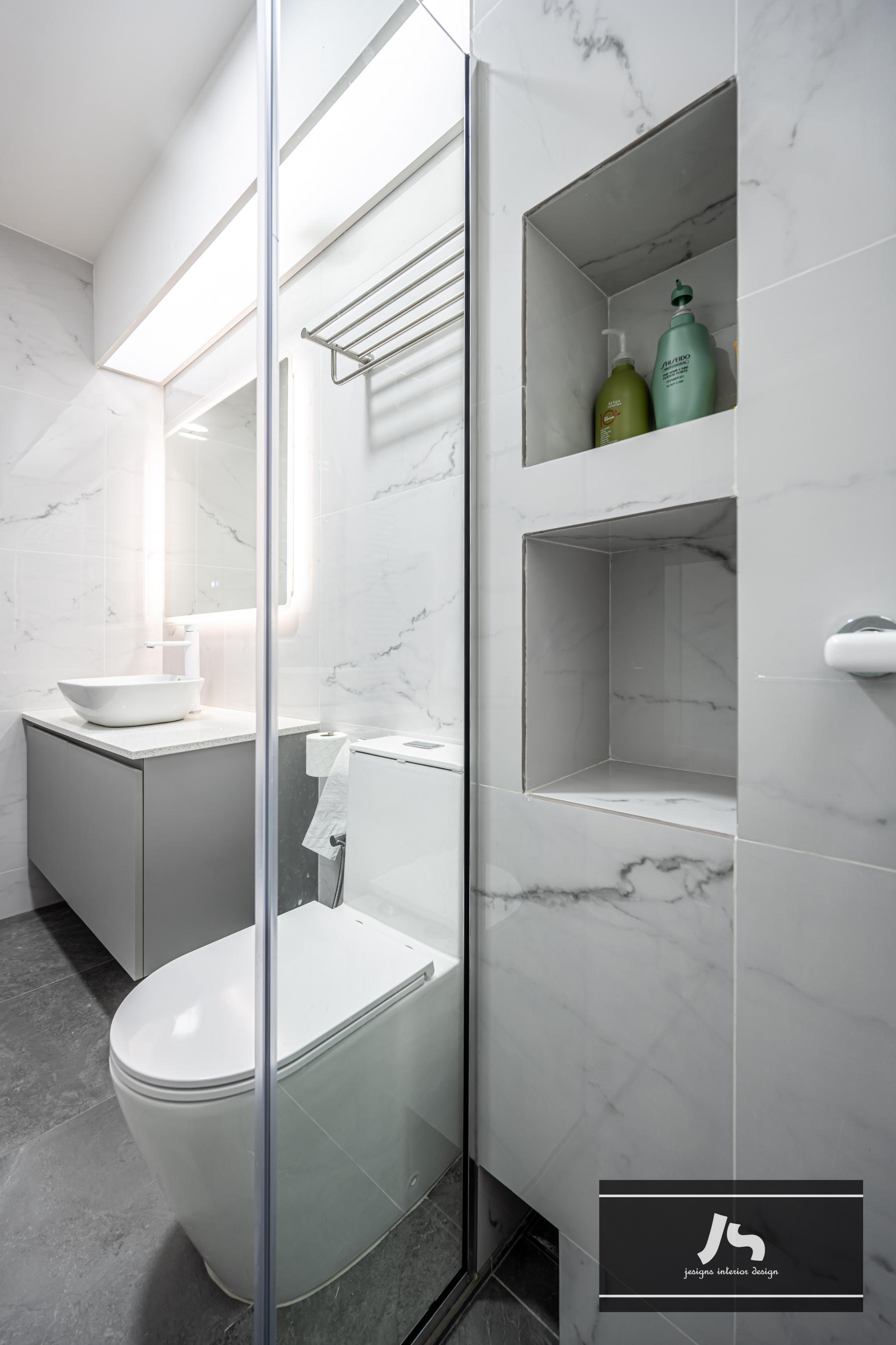 Scandinavian Bathroom with Shower Screen and Bathroom Storage