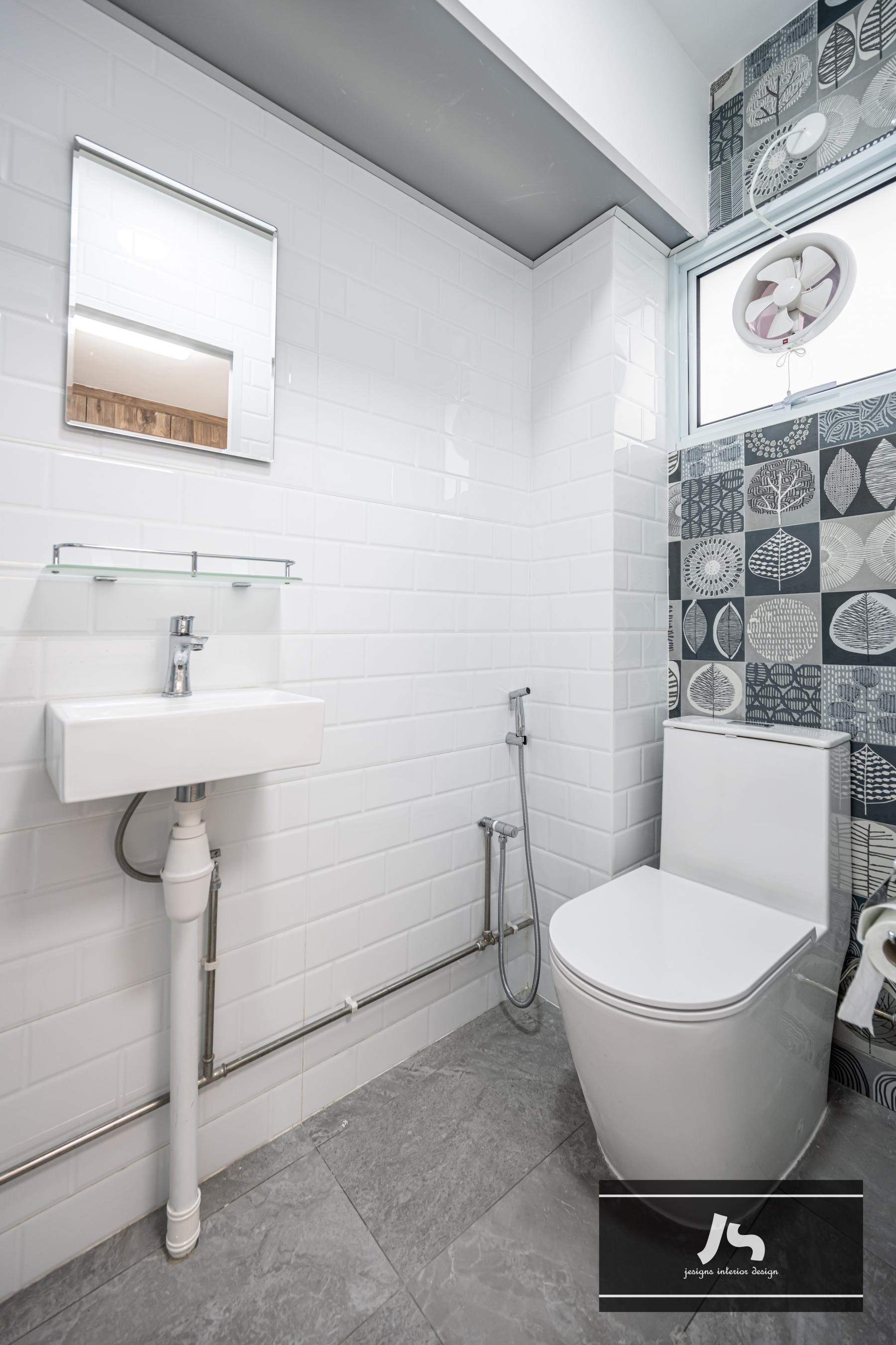 Scandinavian Bathroom with Homogeneous Tiles and Mirror