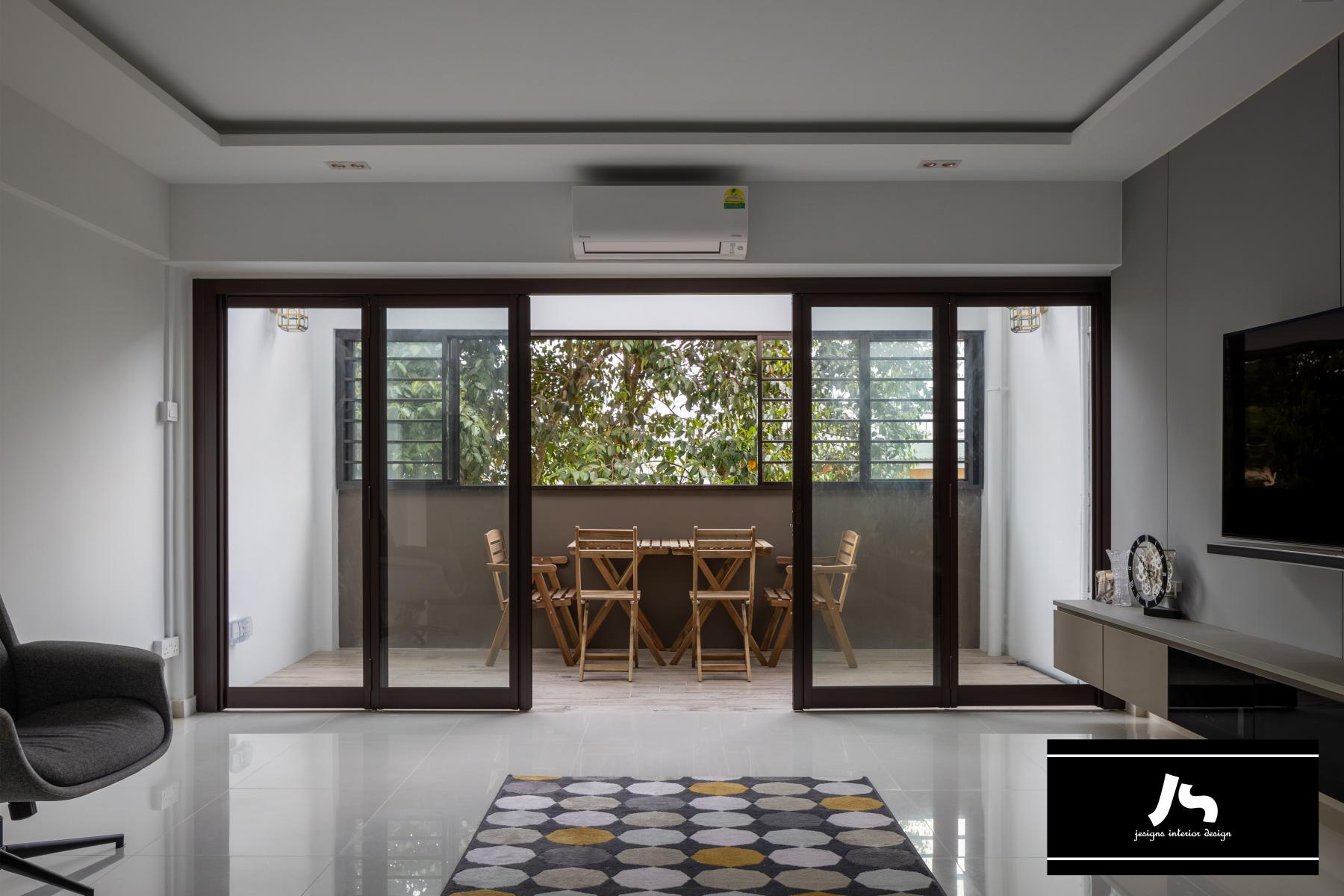 Scandinavian Balcony with Window Seat and Window Shutters