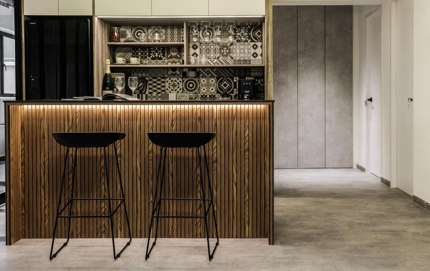 Eclectic Pantry with Kitchen Island and Drinkware