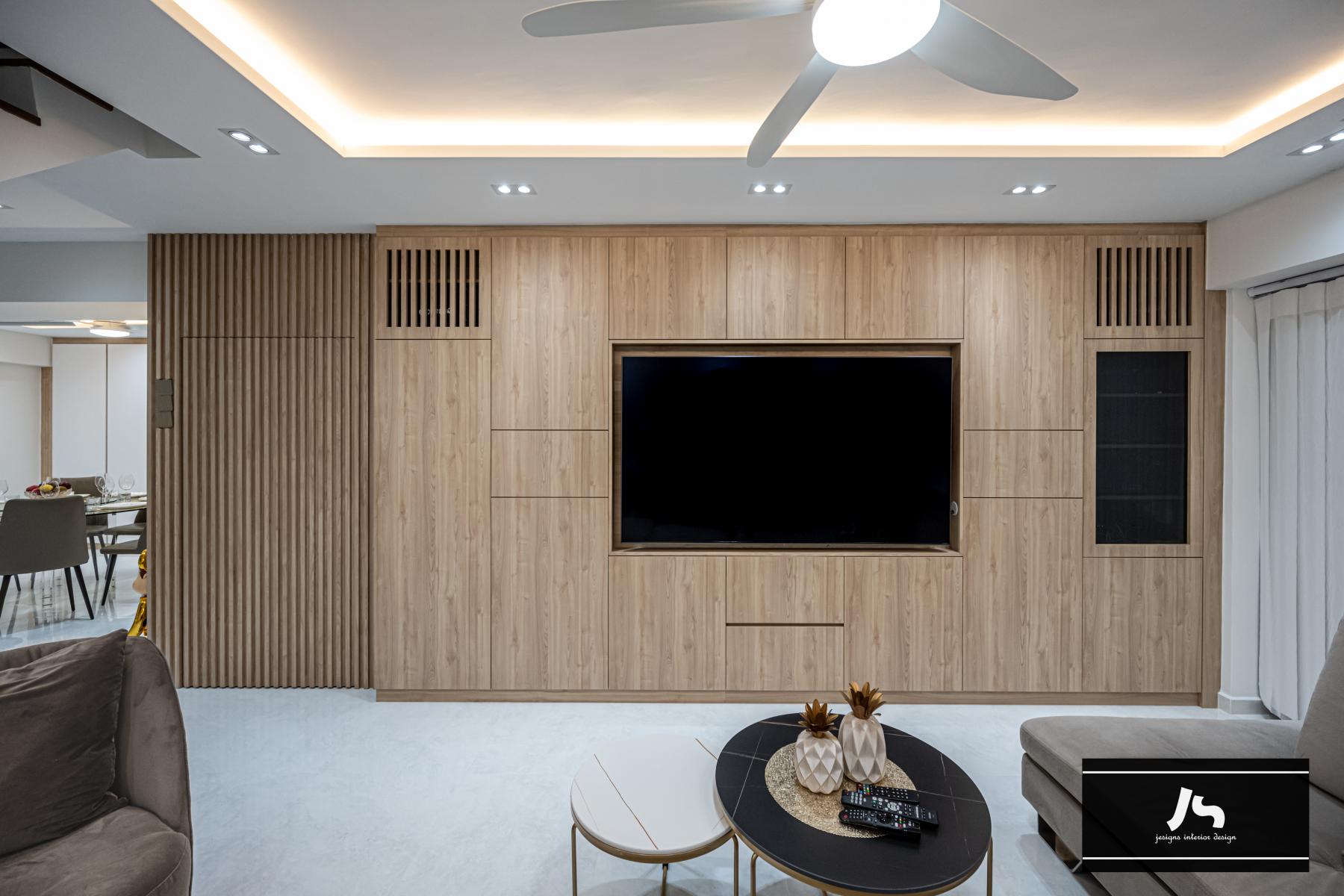 Modern Living Room with TV Console and Drop Light