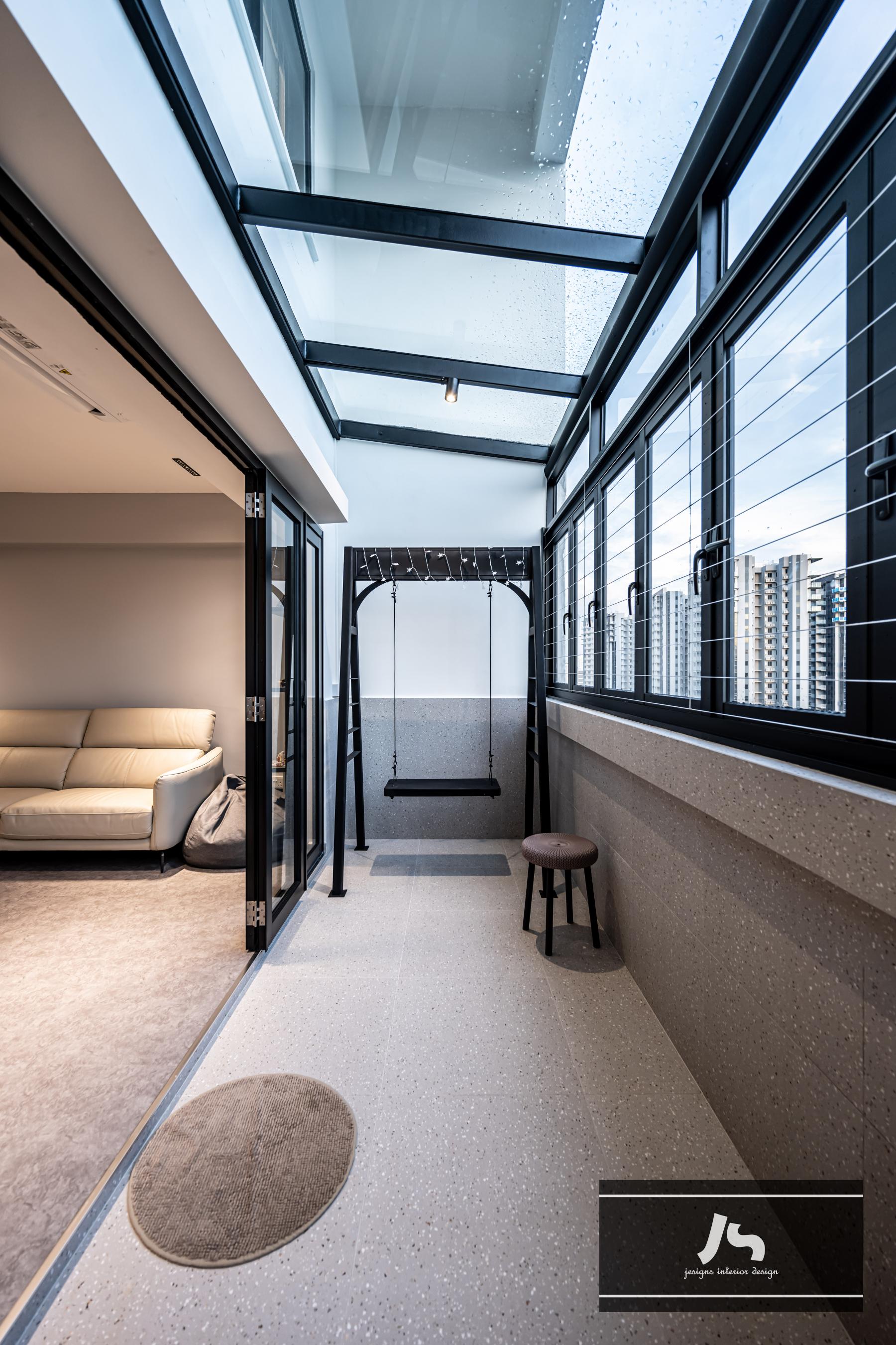 Modern Balcony with Window Seat and Window Shutters