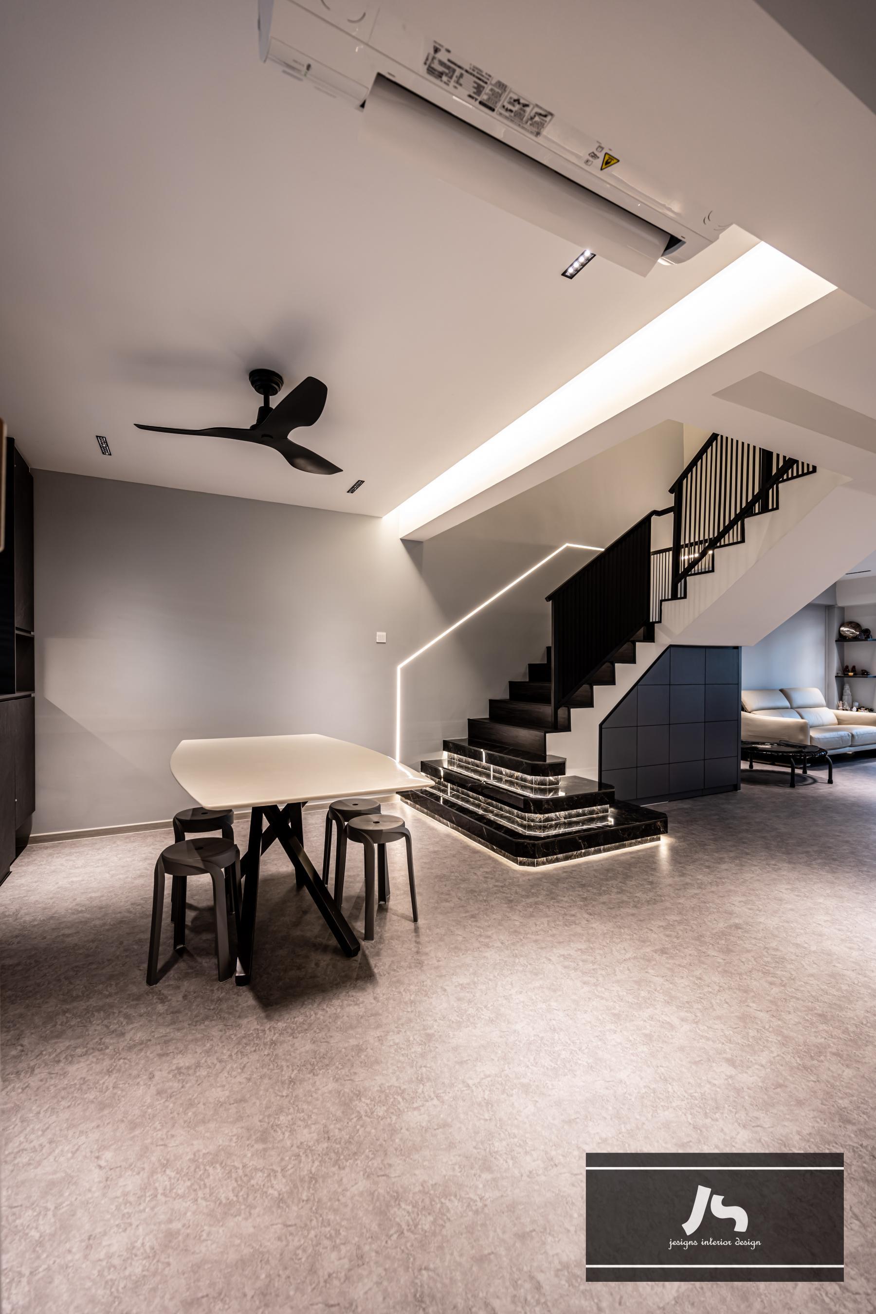 Modern Living Room with Staircase and Dining Table