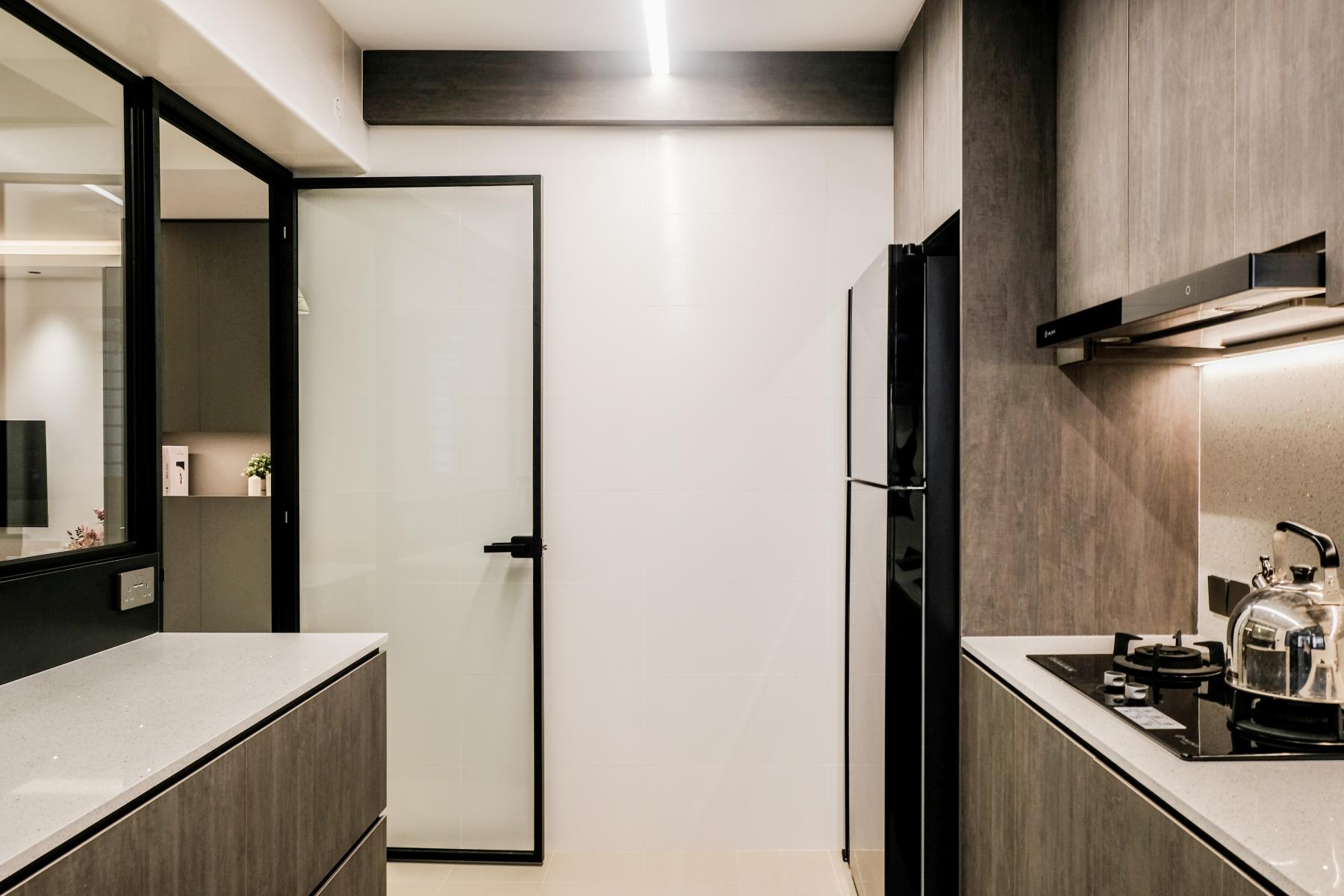 Modern Kitchen with Glass Door and Kitchen Backsplash