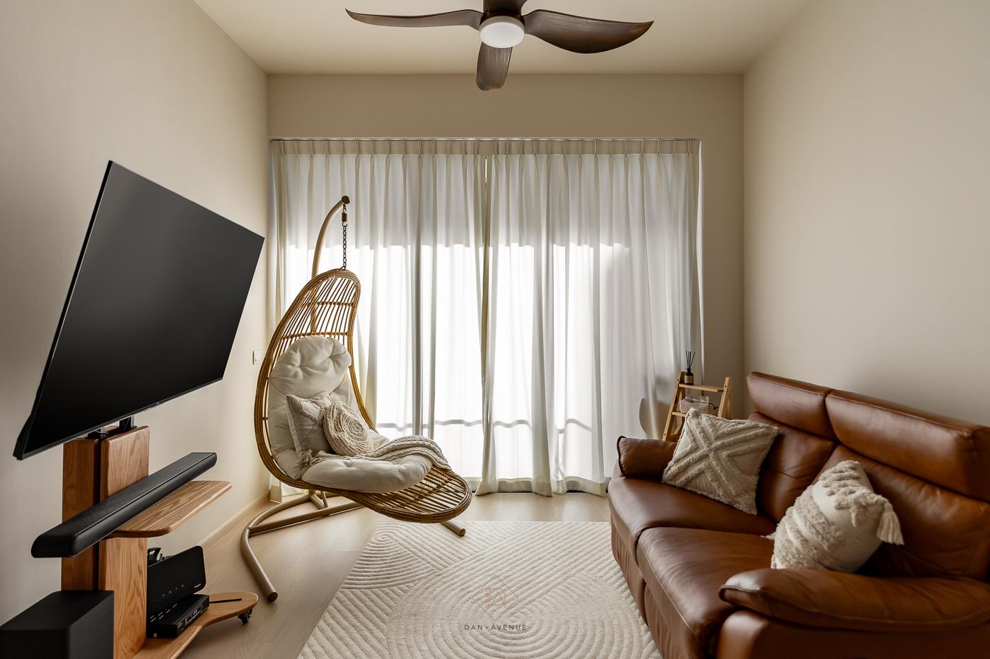 Scandinavian Living Room with Ceiling Fan and Carpet