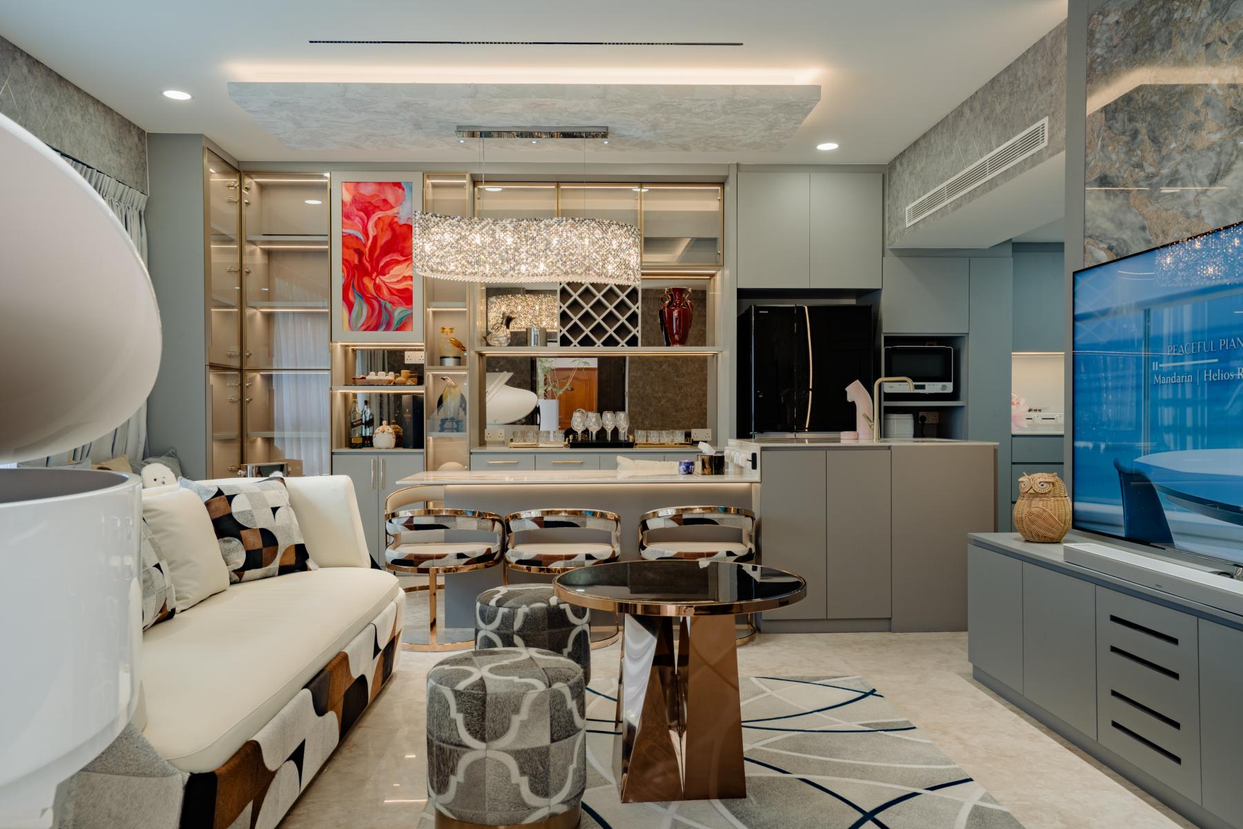 Modern Living Room with Parquet Floor and TV Console
