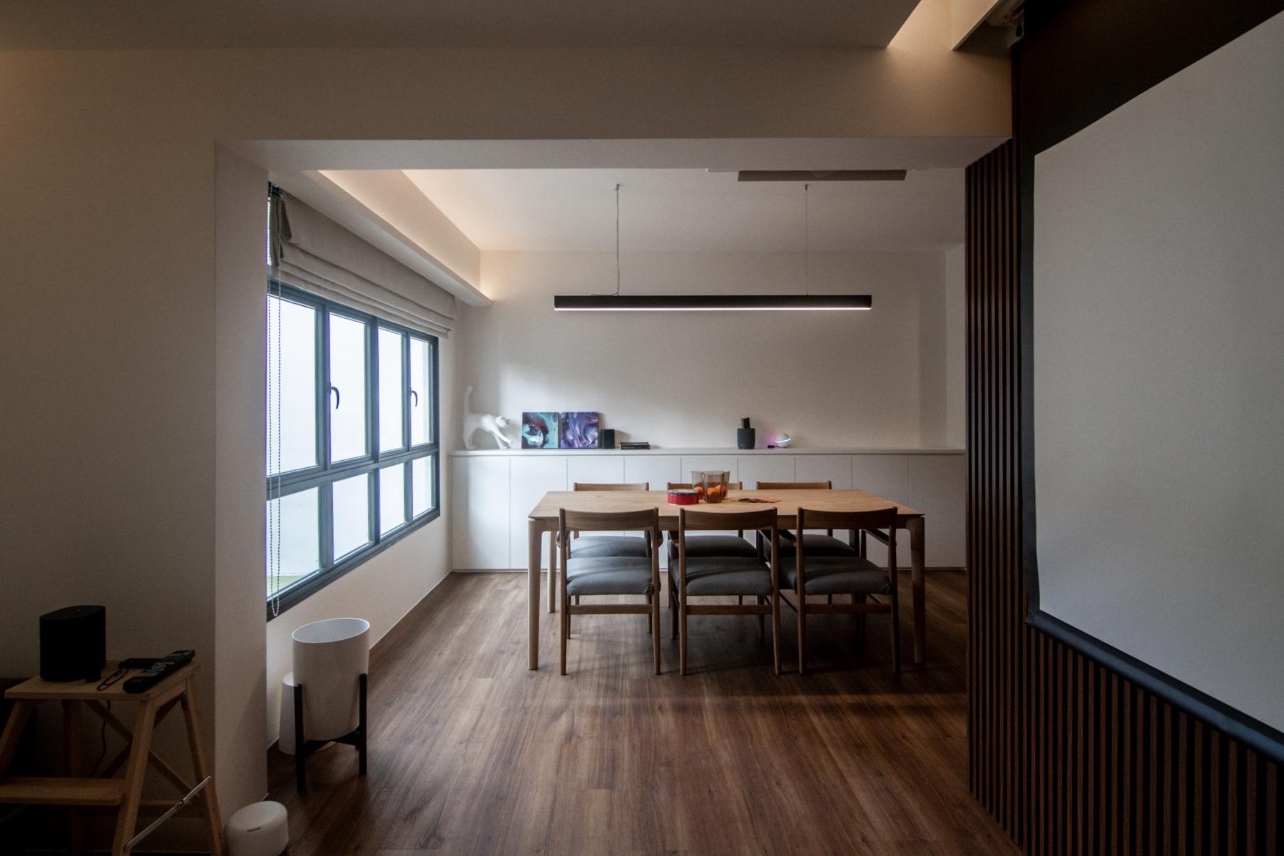 Contemporary Living Room with Vinyl Flooring and Drop Light