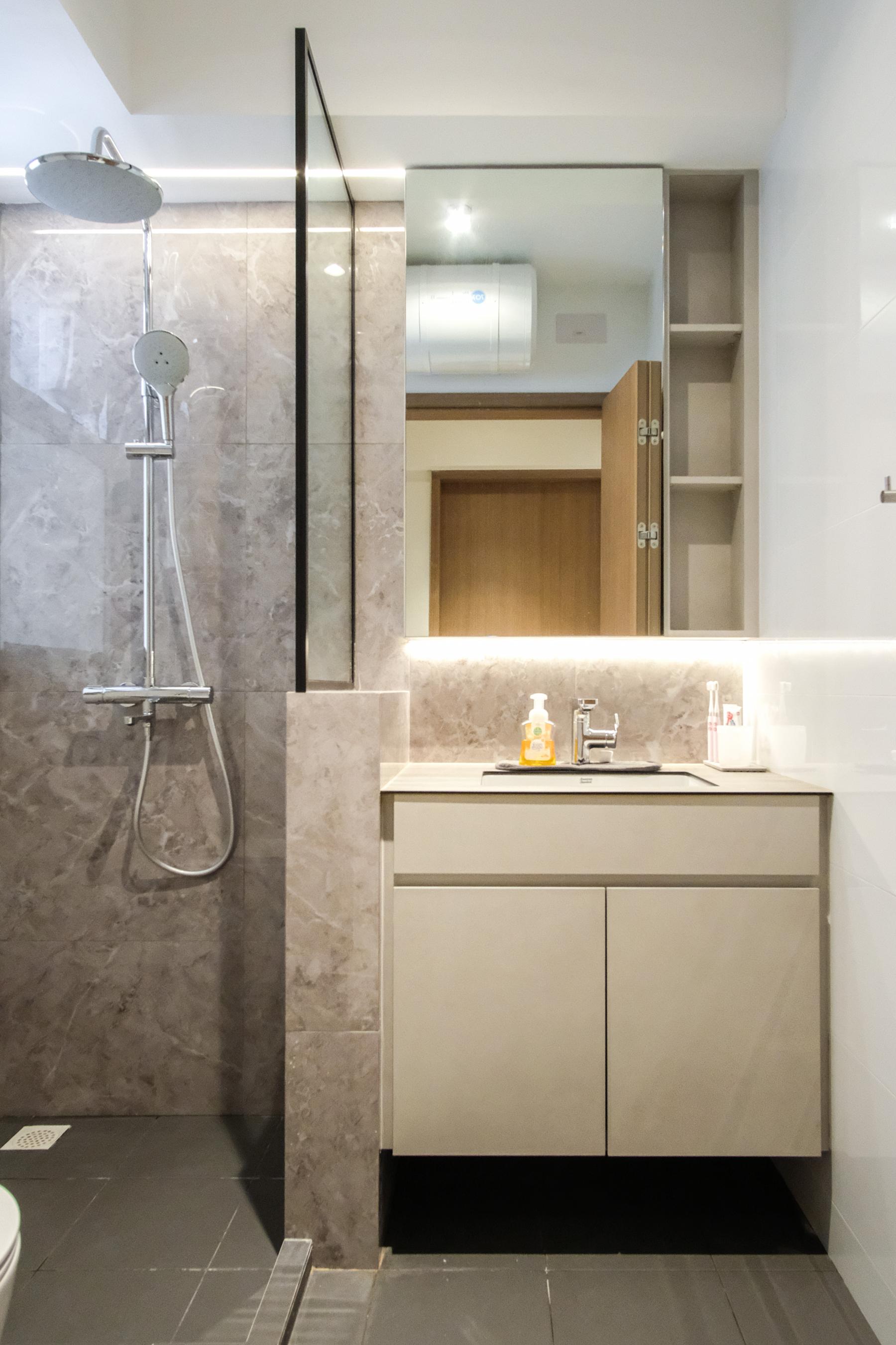Minimalist Bathroom with Vanity Counter and Storage Cabinets