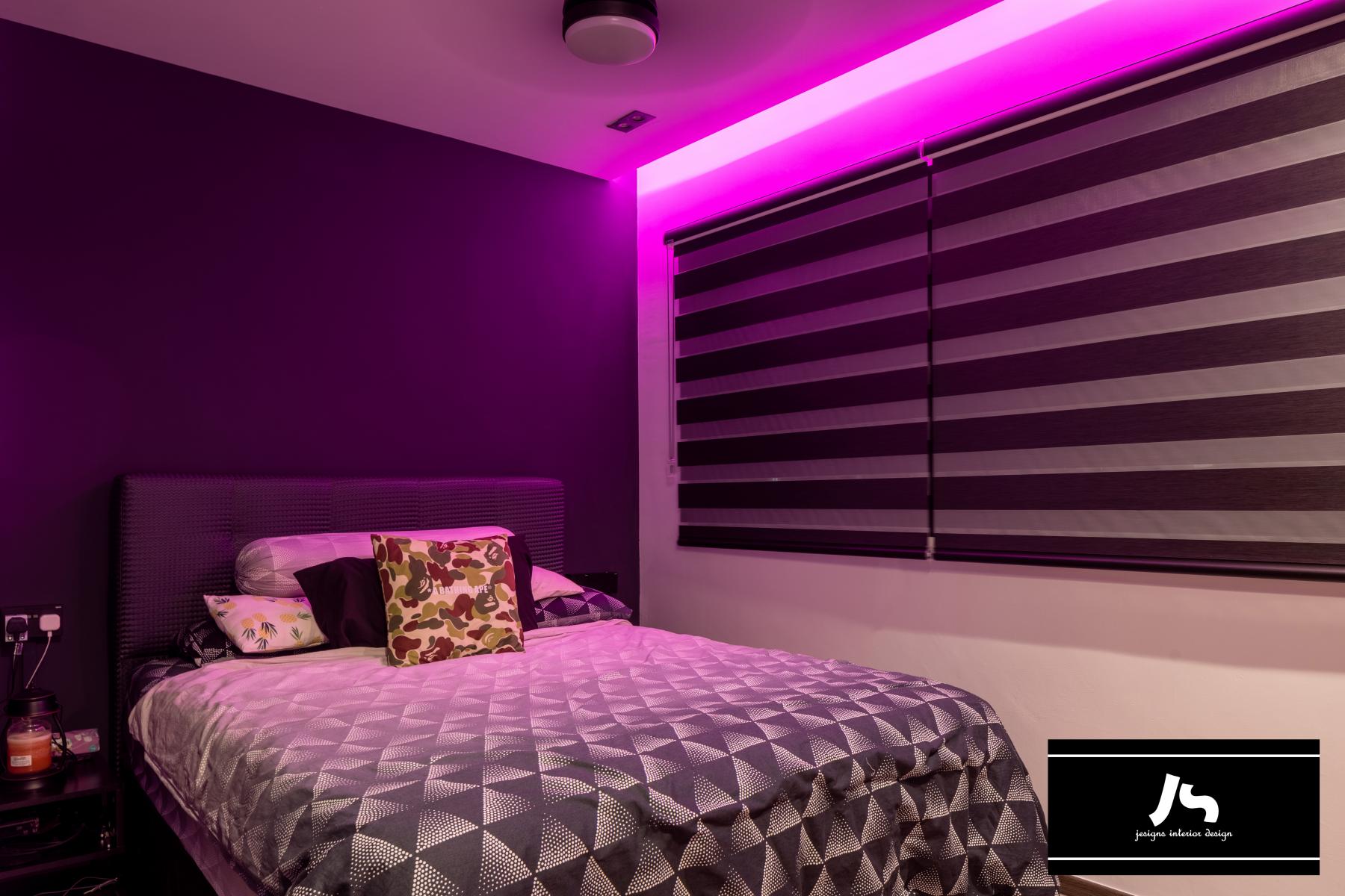 Eclectic Bedroom with Downlights and Bed