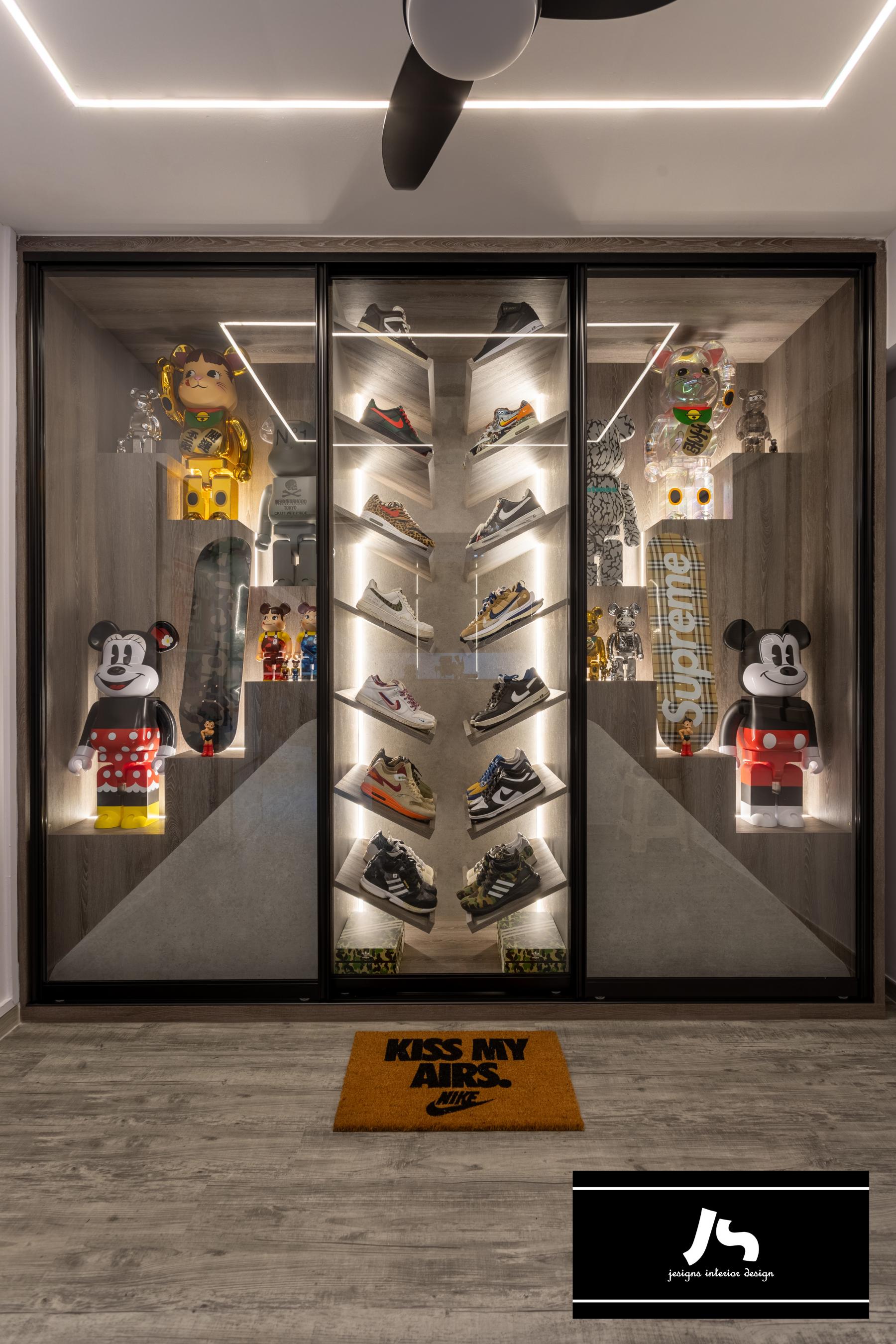 Eclectic Bedroom with Shoe Rack and Display Cabinets