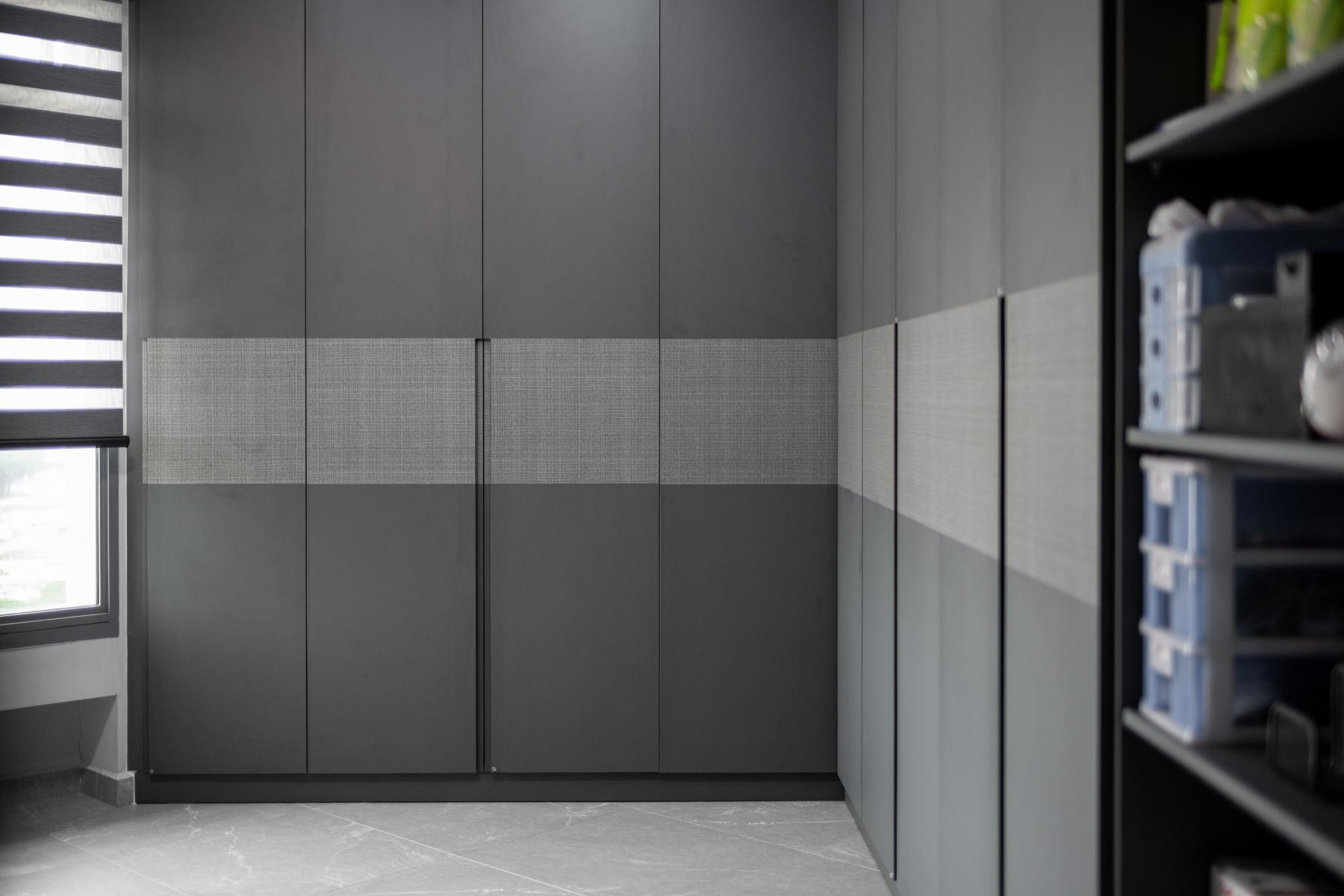 Industrial Bedroom with Homogeneous Tiles and Wardrobe