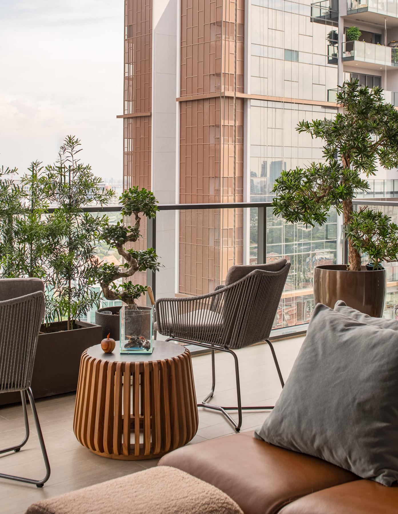 Contemporary Balcony with Outdoor Chairs and Seating Bench