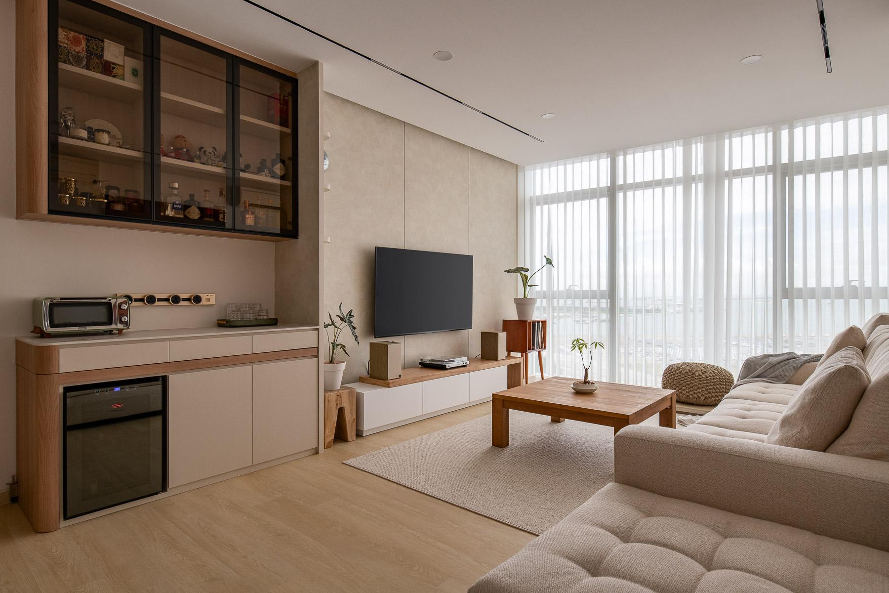 Contemporary Living Room with TV Console and Feature Wall