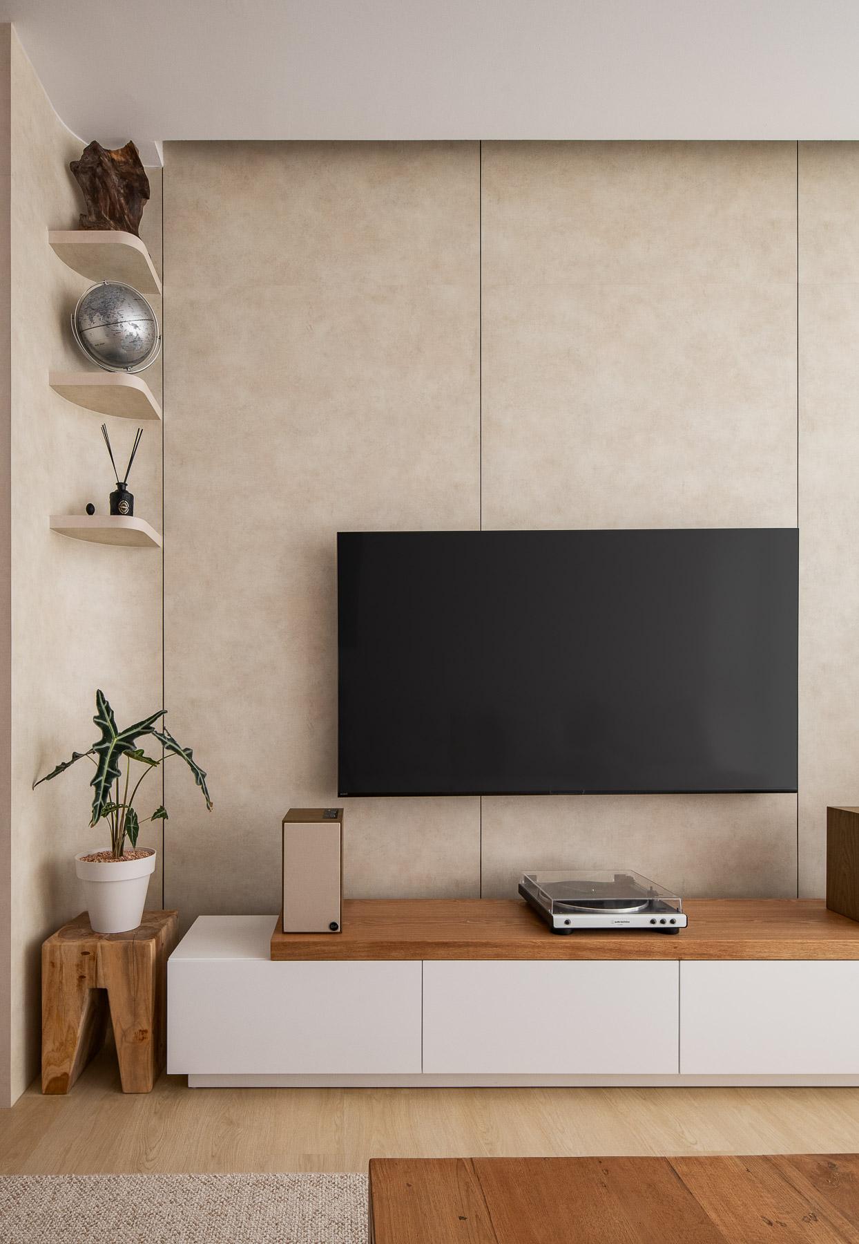 Contemporary Living Room with TV Console and Feature Wall