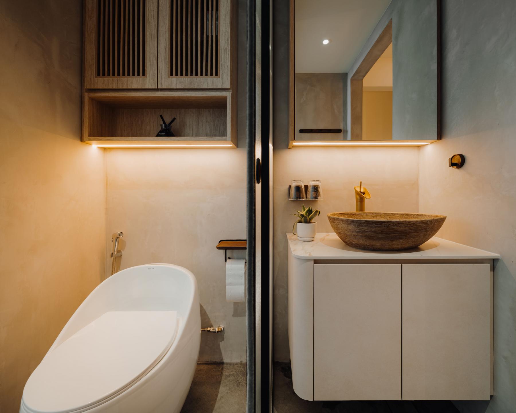 Scandinavian Bathroom with Countertop and Cement Floor