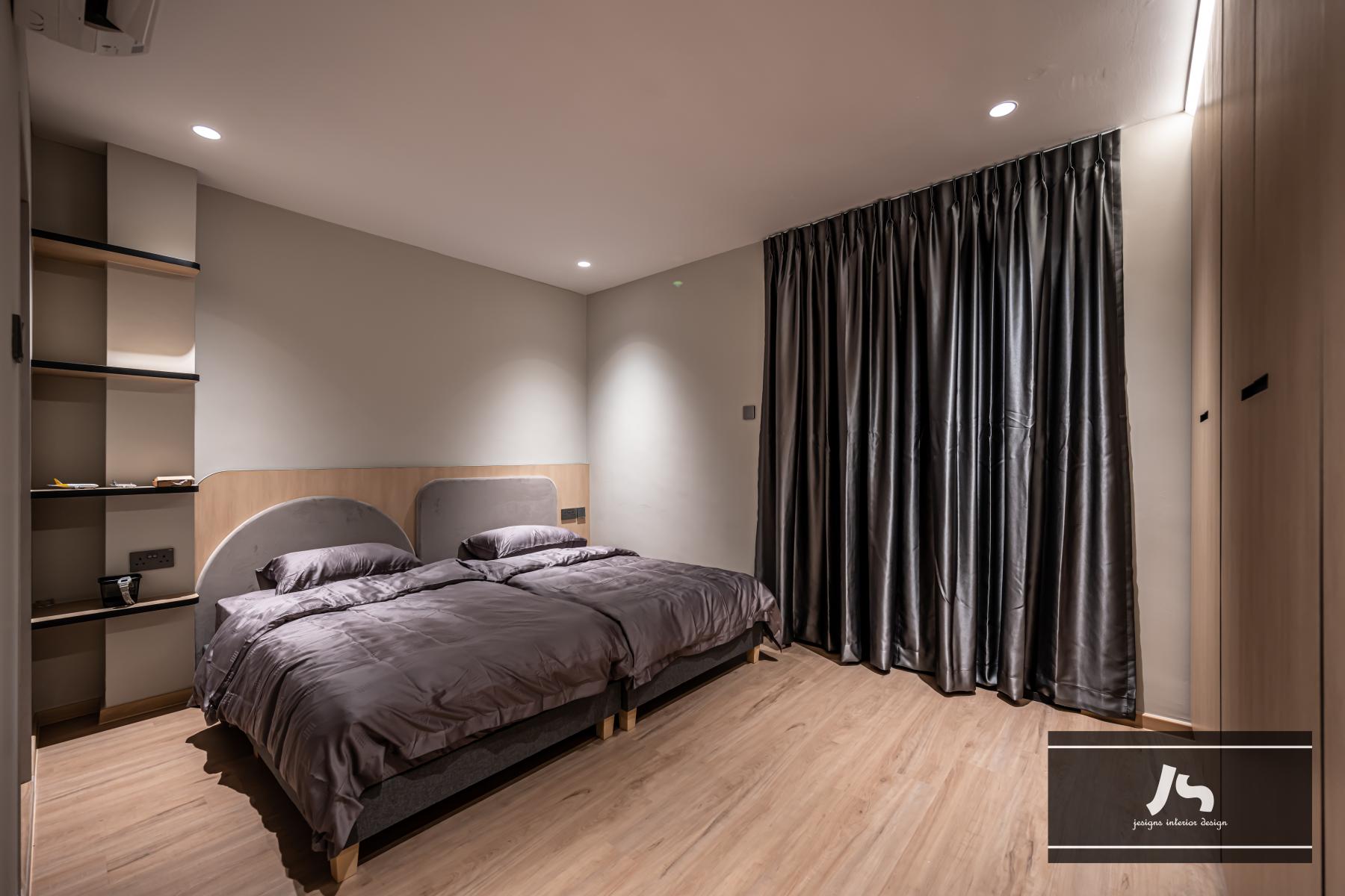 Modern Bedroom with Vinyl Flooring and Display Cabinets