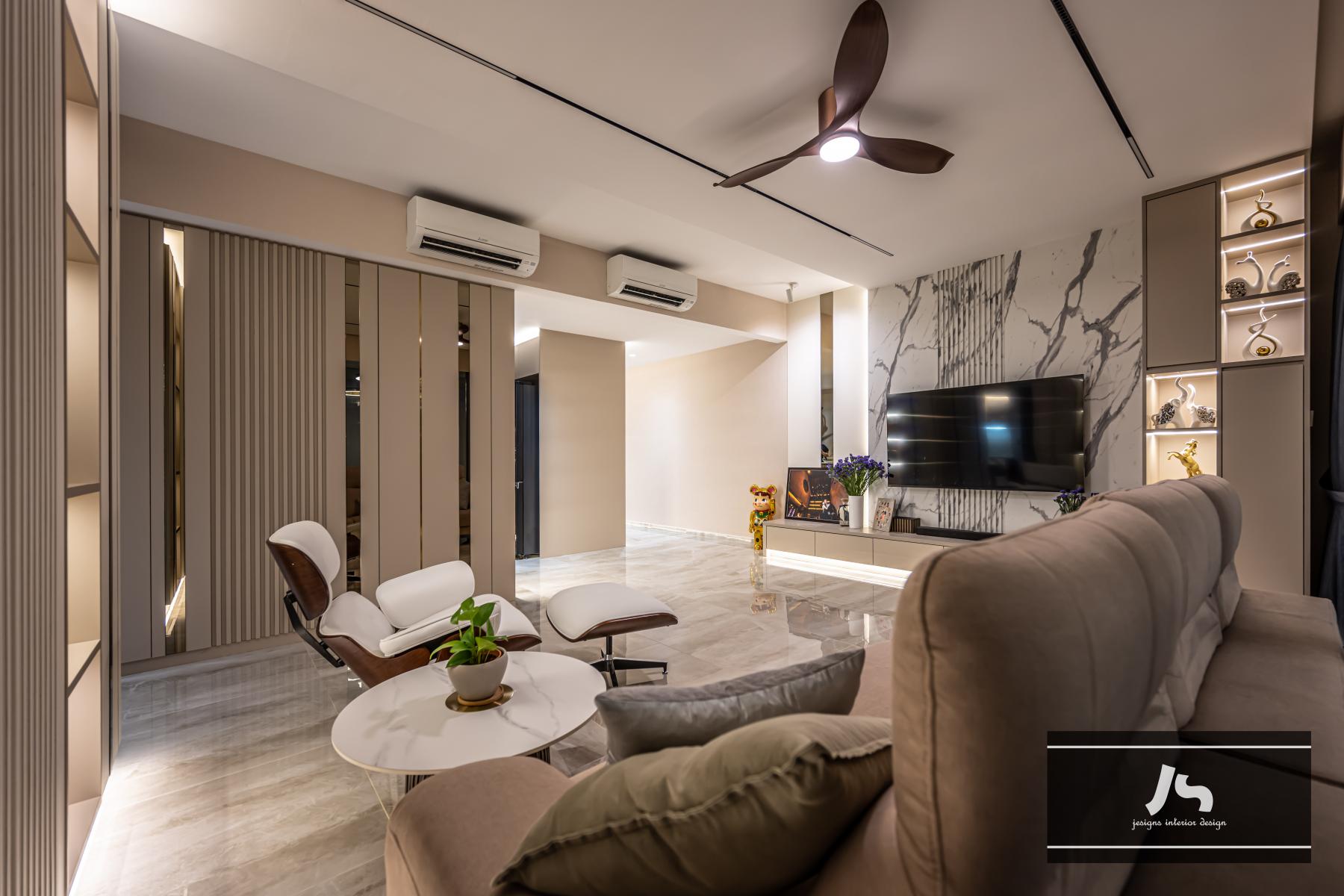 Modern Living Room with Marble Floor and Feature Wall