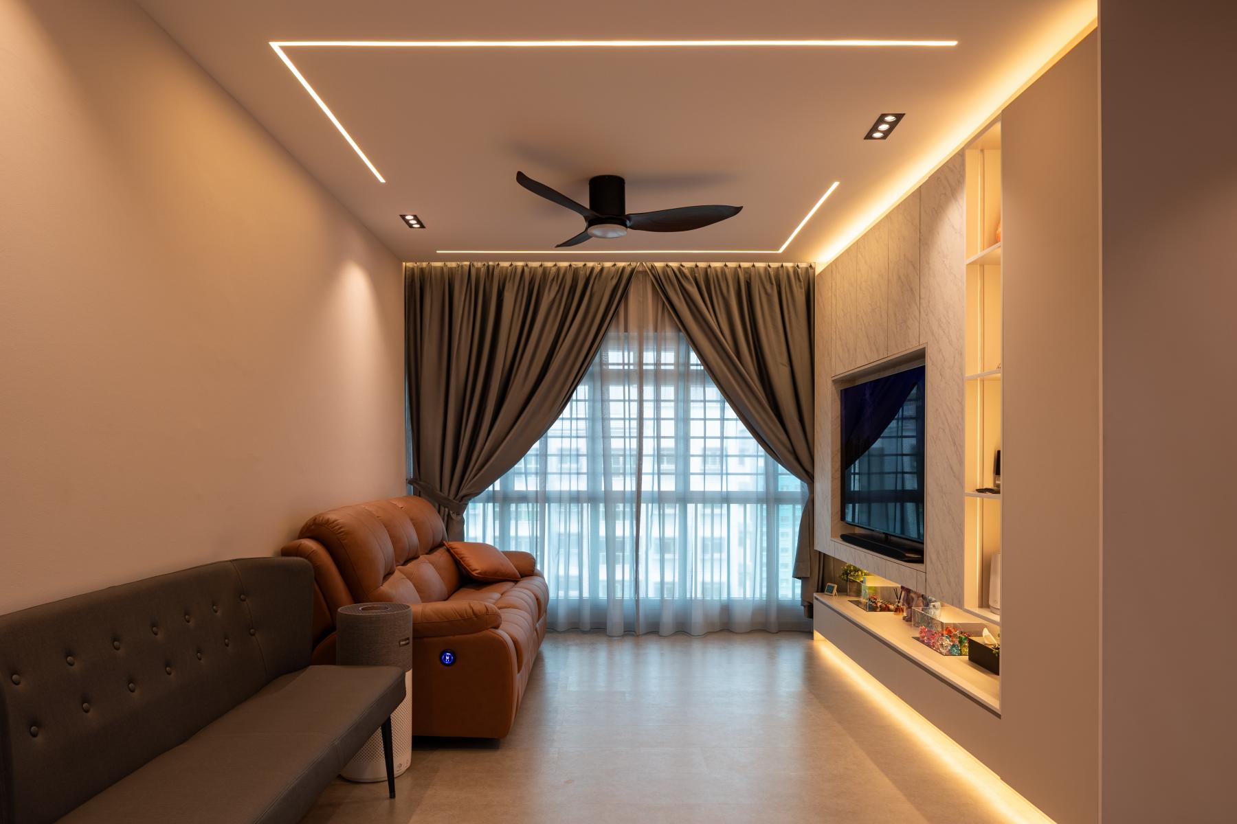 Modern Living Room with TV Console and Cove Lighting