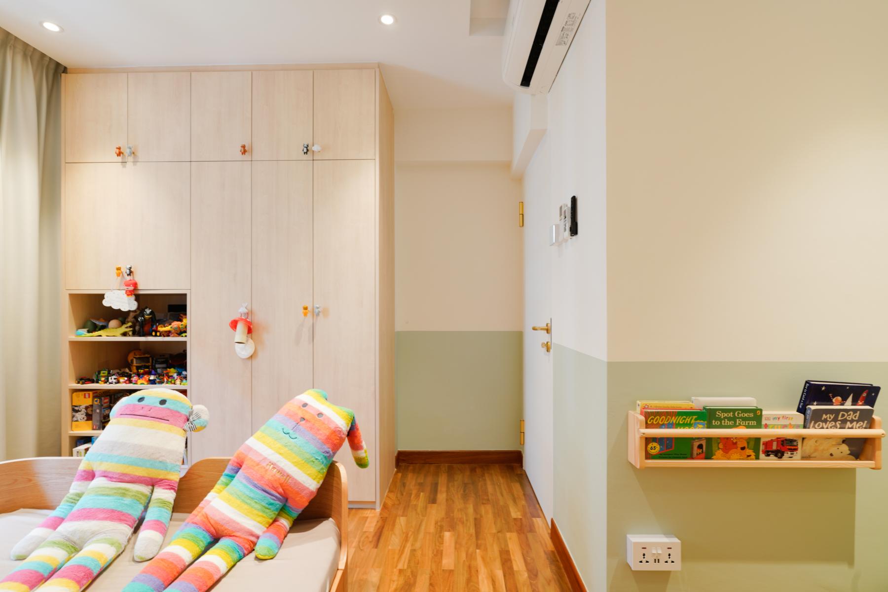 Scandinavian Bedroom with Bookshelf and Wardrobe